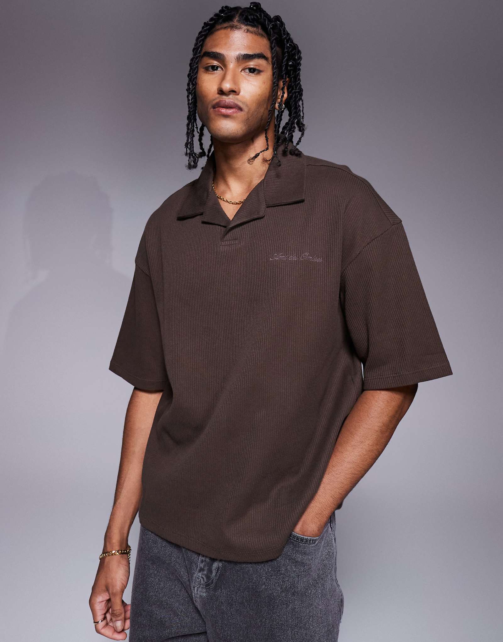 River Island boxy fit camp collar polo shirt in brown 8990₽