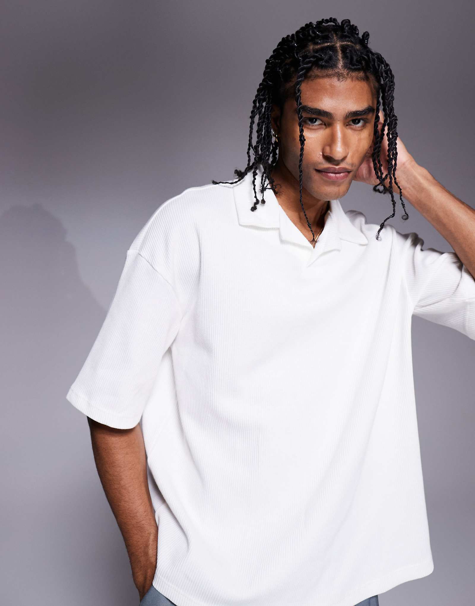 River Island boxy fit camp collar polo shirt in ecru 7890₽