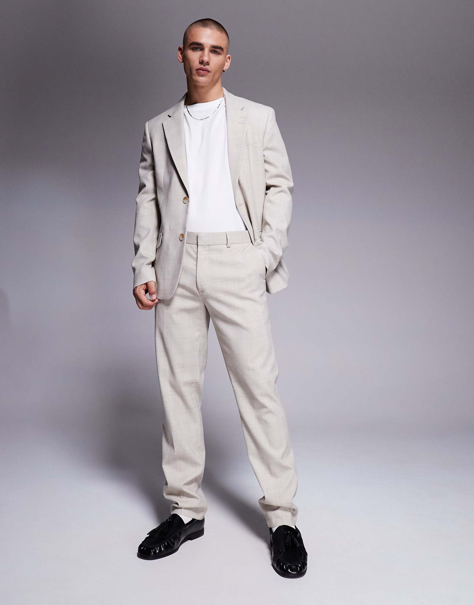 River Island slim fit suit pants in beige plaid 12390₽