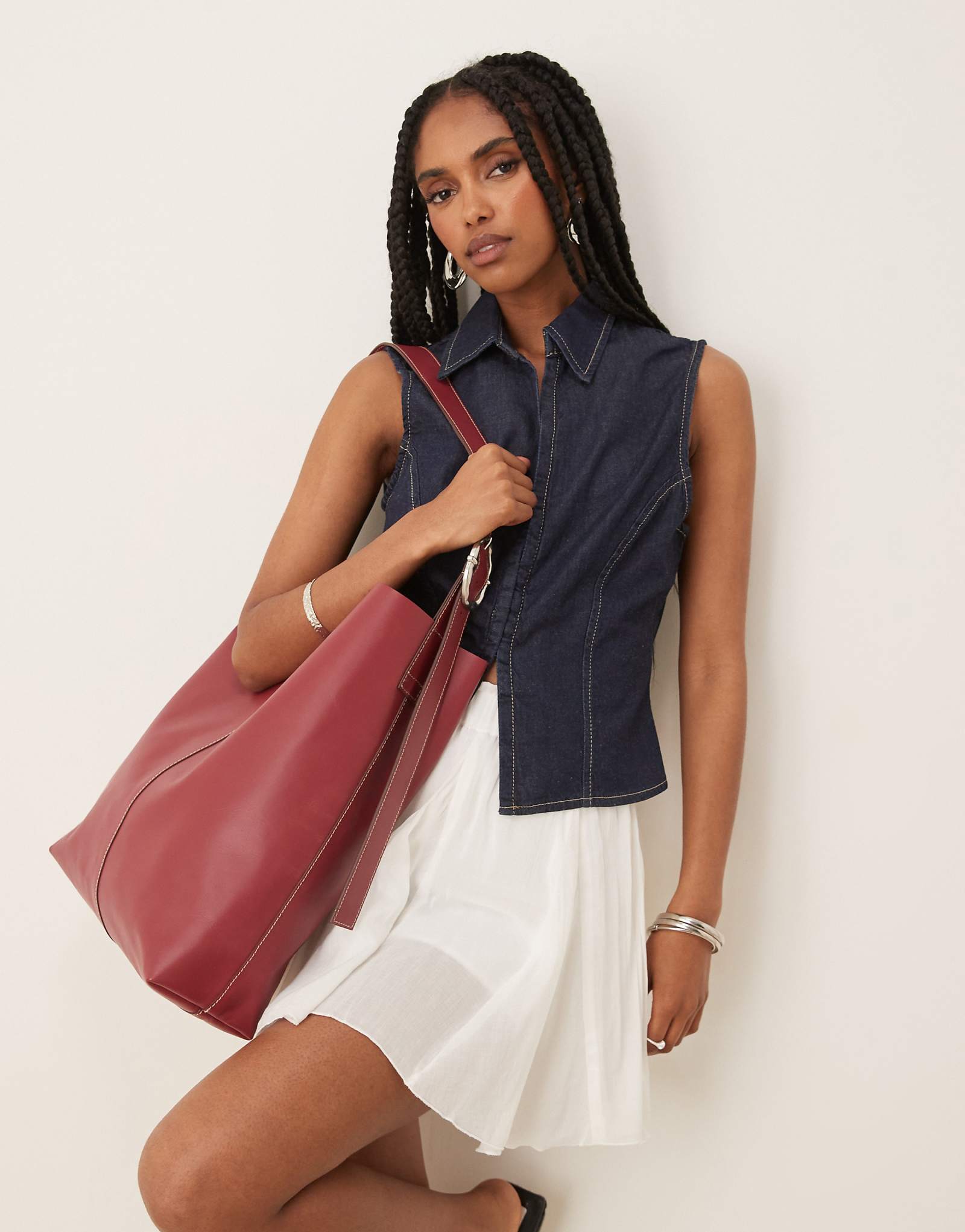 Becksondergaard mae leather shoulder tote bag with buckle strap in burgundy 24290₽