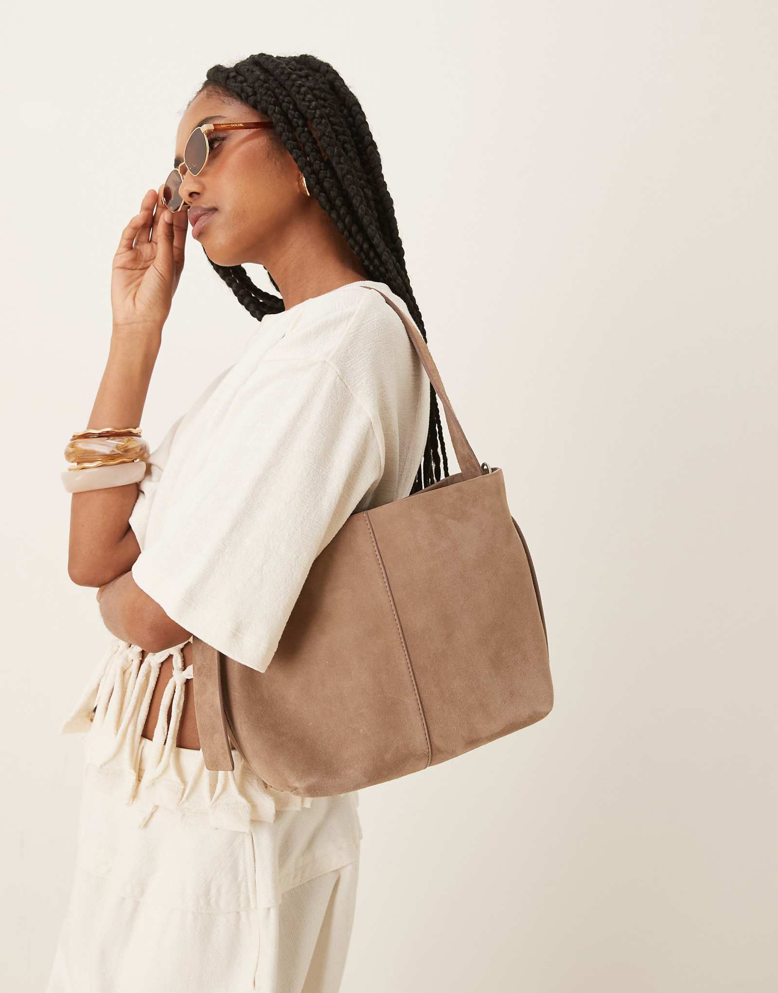 Becksondergaard fraya suede shoulder bag with crossbody strap in stone