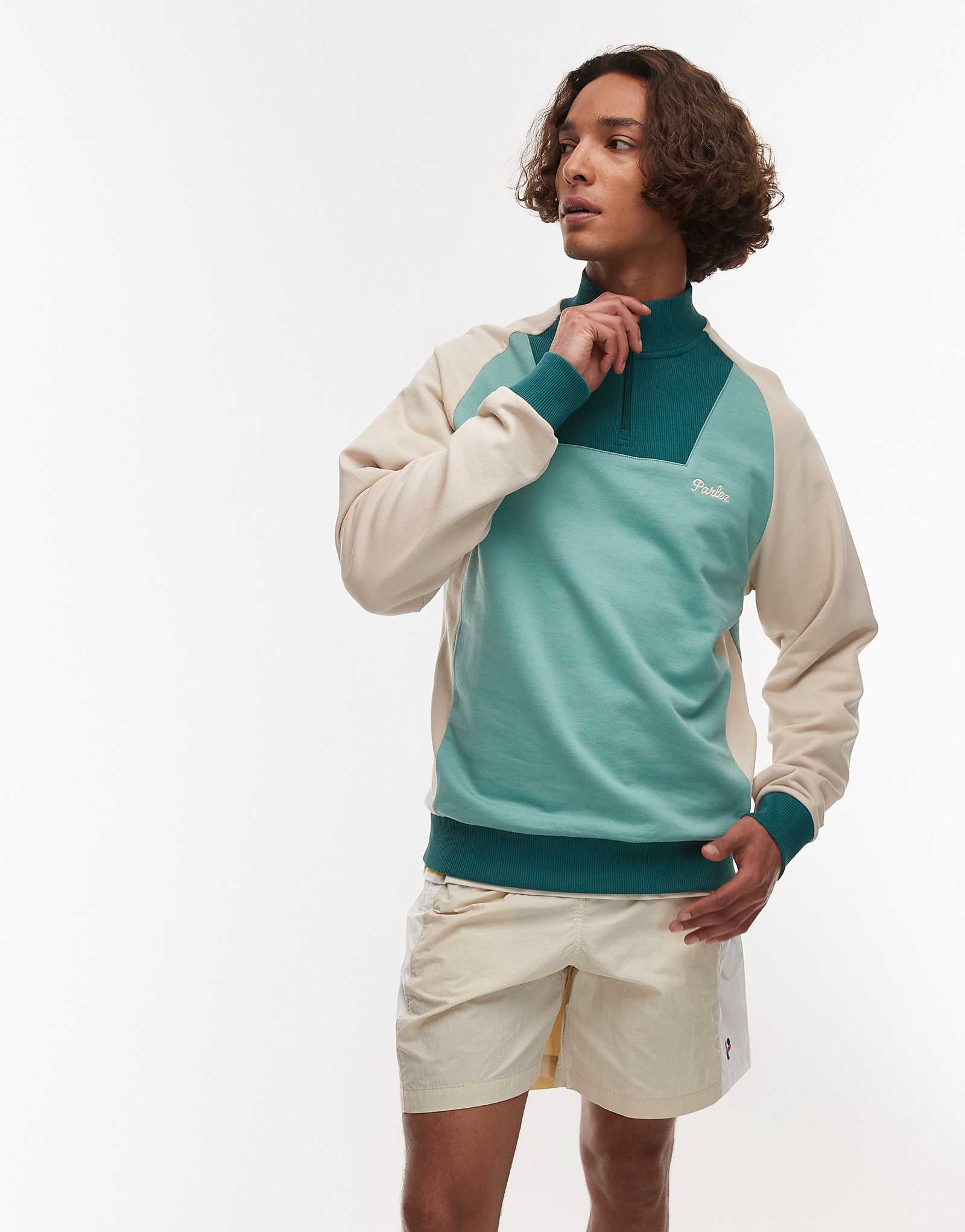 Parlez zenith quarter zip logo paneled detail sweatshirt top in green multi