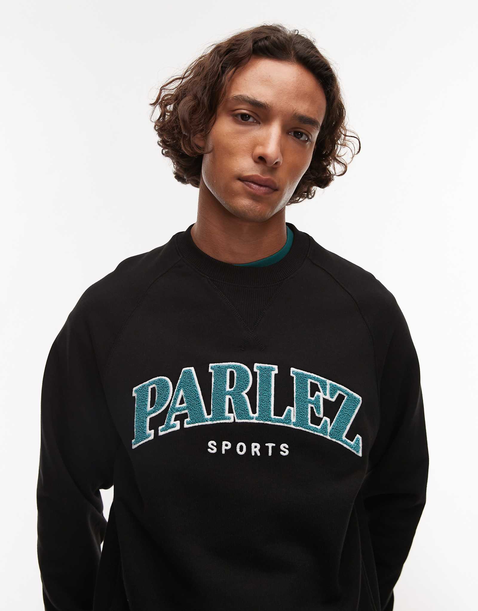 Parlez varsity terrycloth logo crew neck sweatshirt top in black