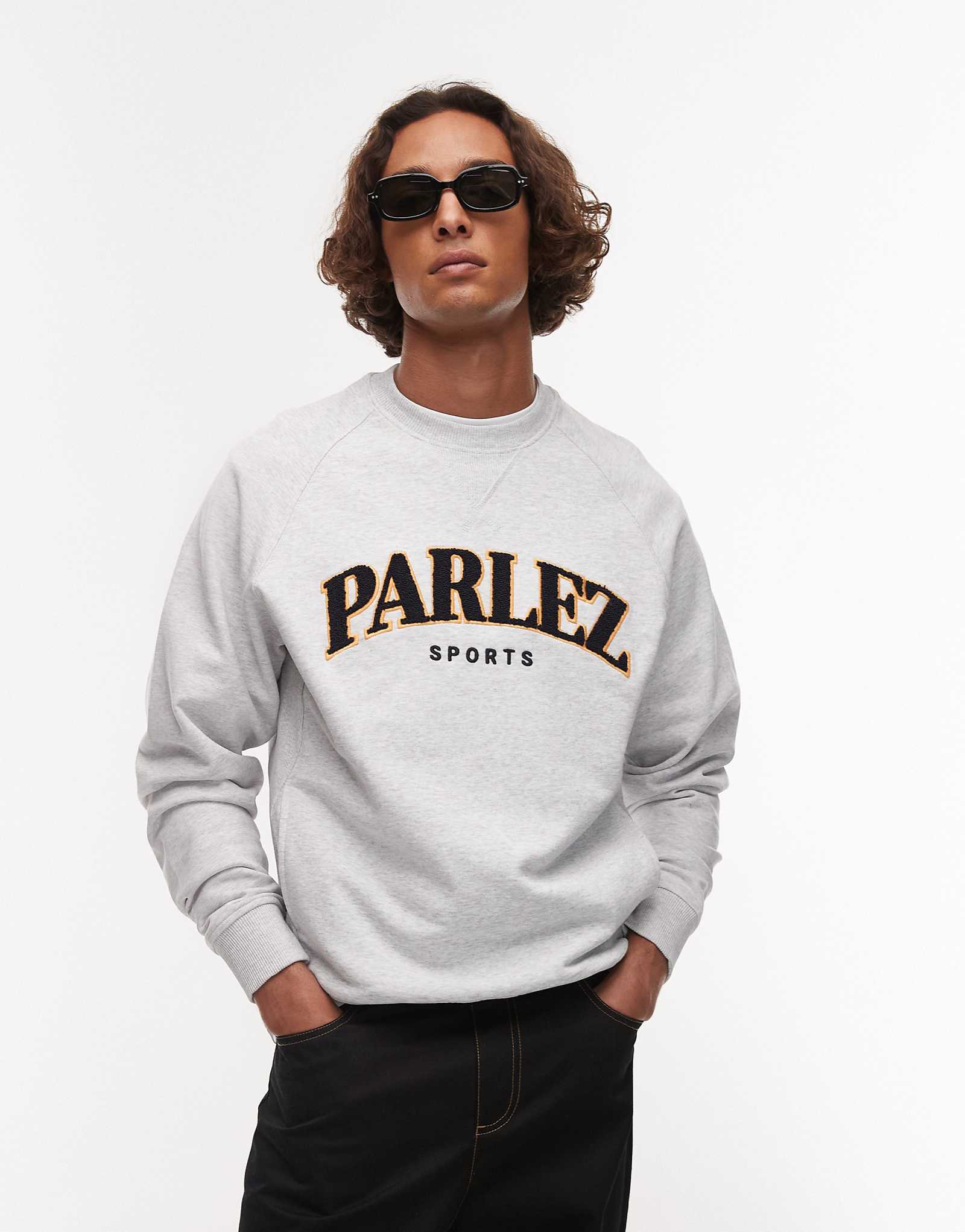 Parlez varsity terrycloth logo crew neck sweatshirt top in gray