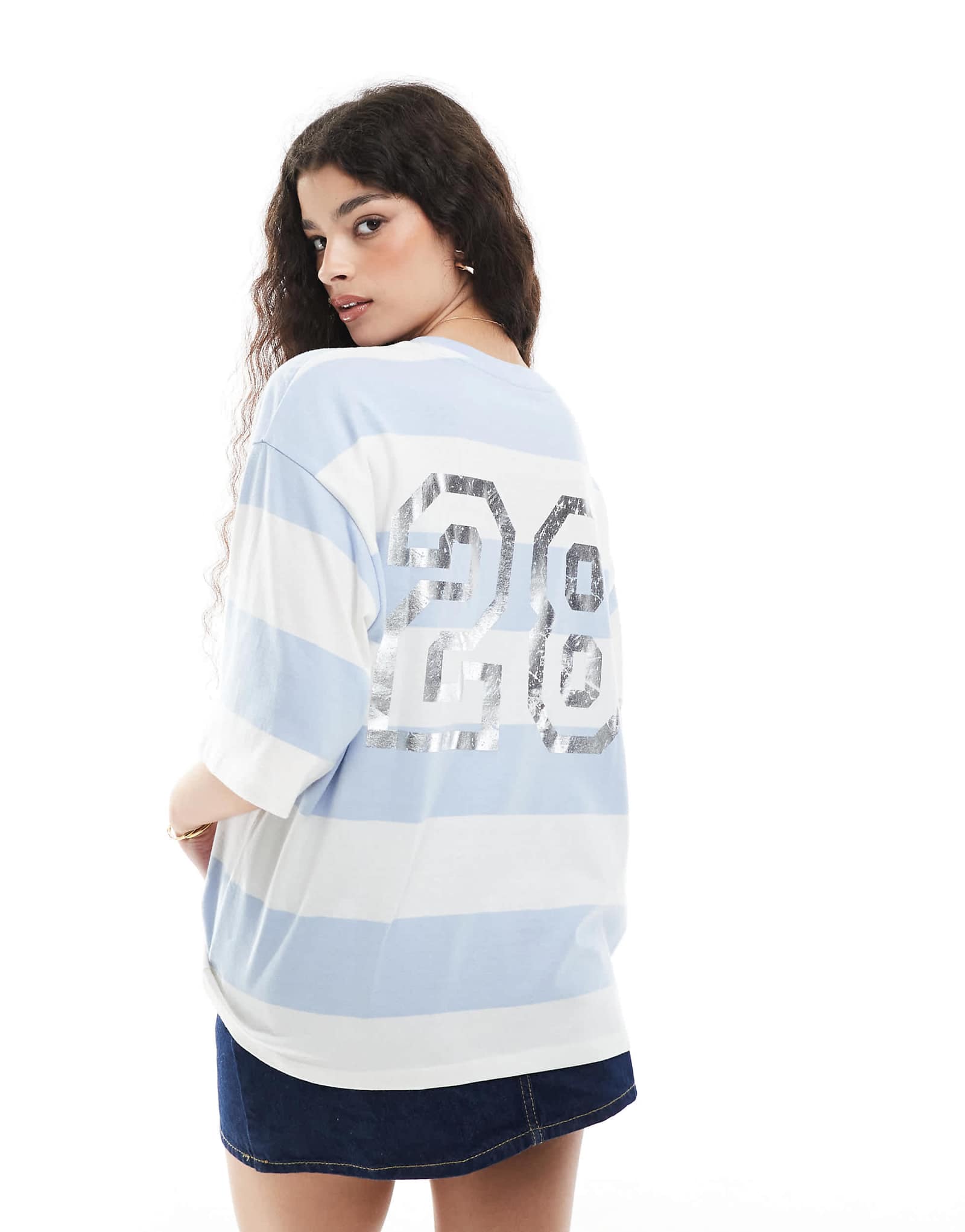 Monki oversized short sleeve t-shirt with varsity back print in blue and white stripes 4990₽