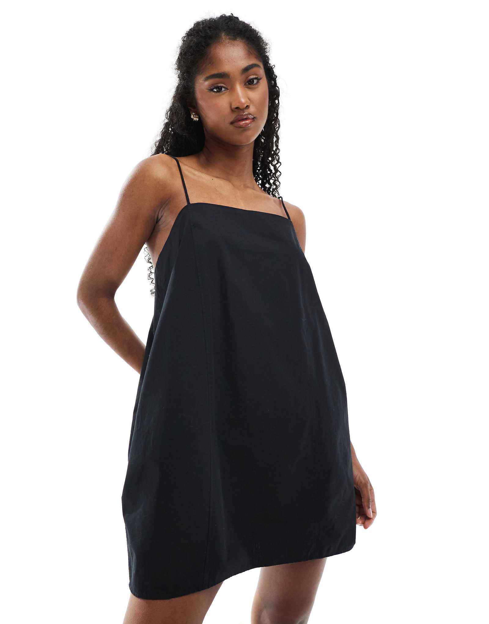 Monki cotton poplin mini dress with tie straps in black 6090₽