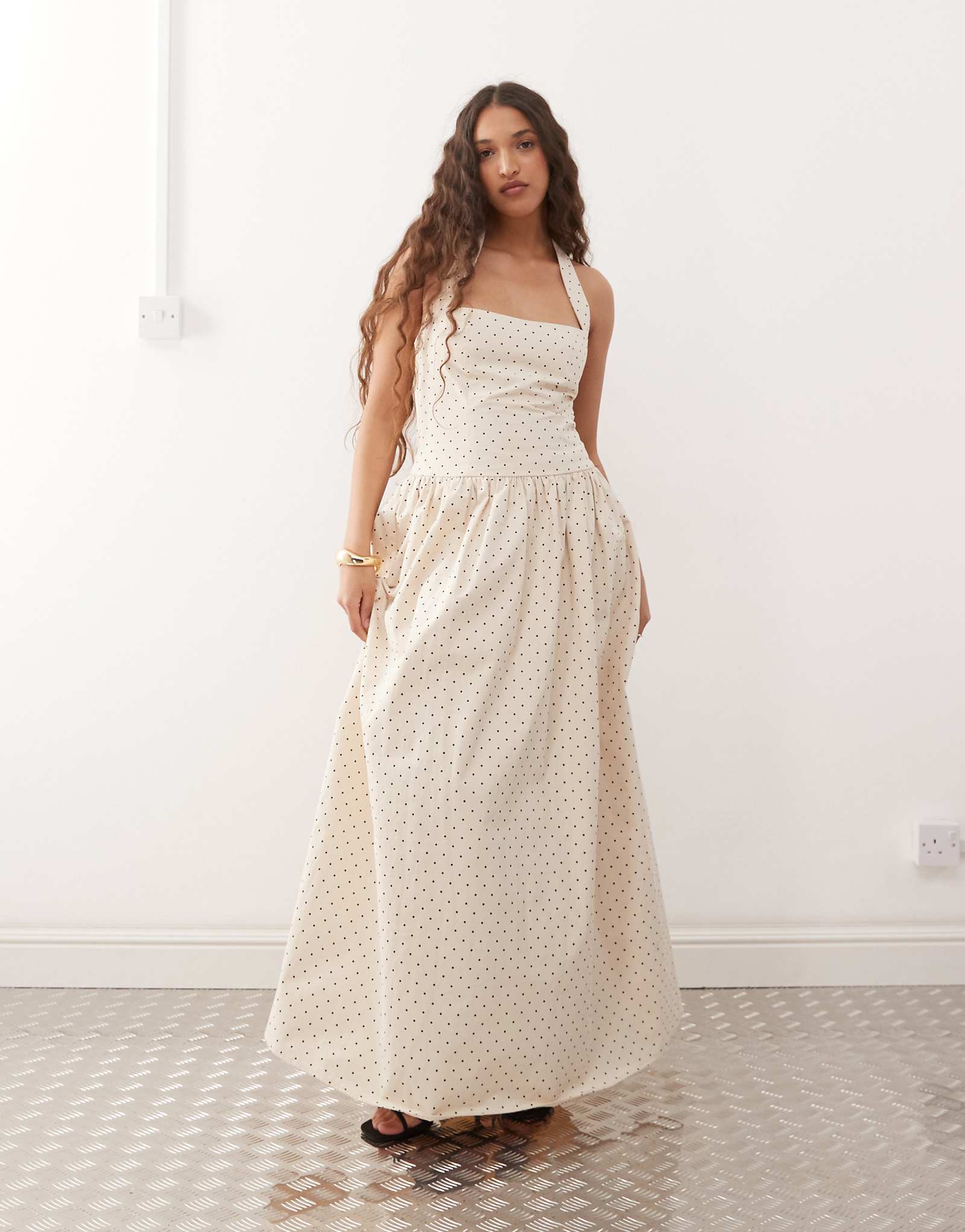 Amy Lynn square halterneck maxi dress in cream polka dot