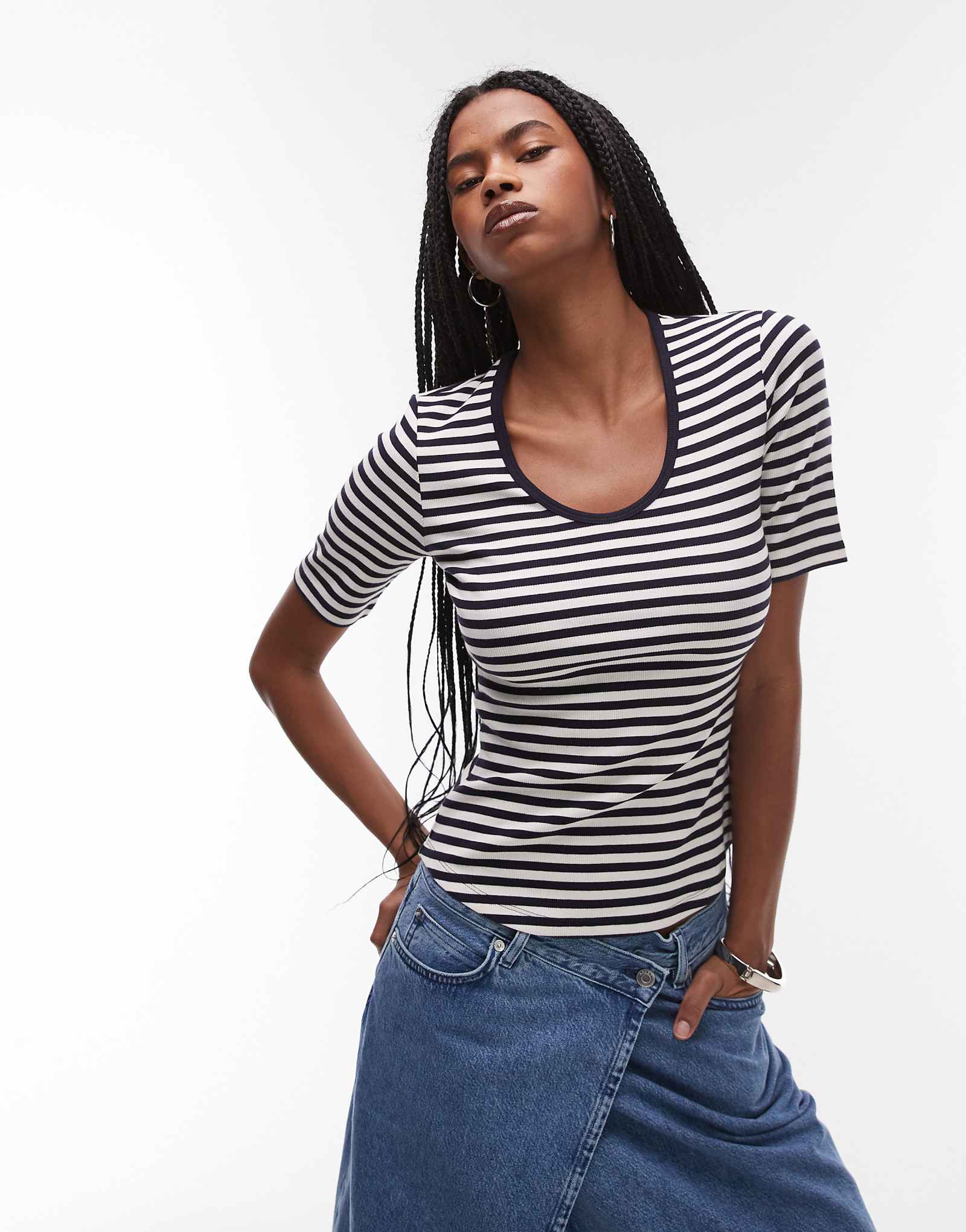 ARKET jersey ribbed t-shirt top with scoop neck in blue stripes 6190₽