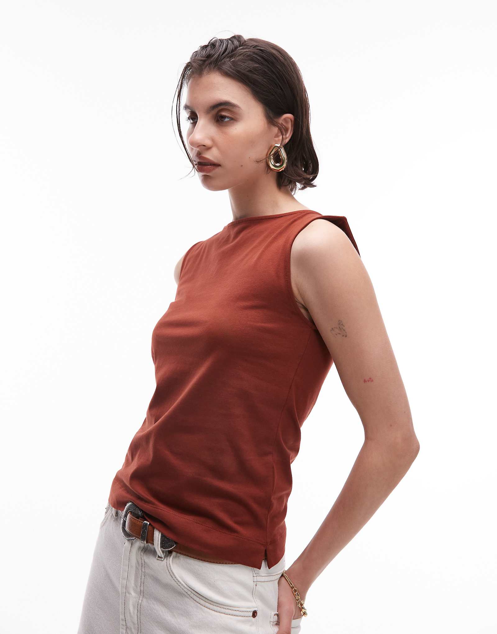 ARKET jersey boat neck tank top in rust red