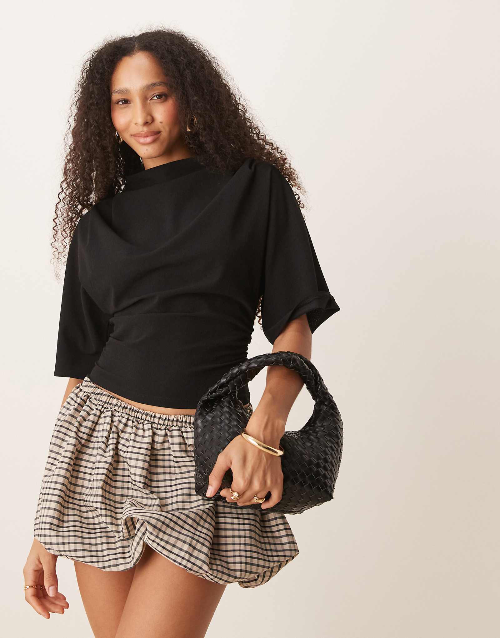 Gina Tricot short sleeve drape boat neck top with elbow sleeves in black