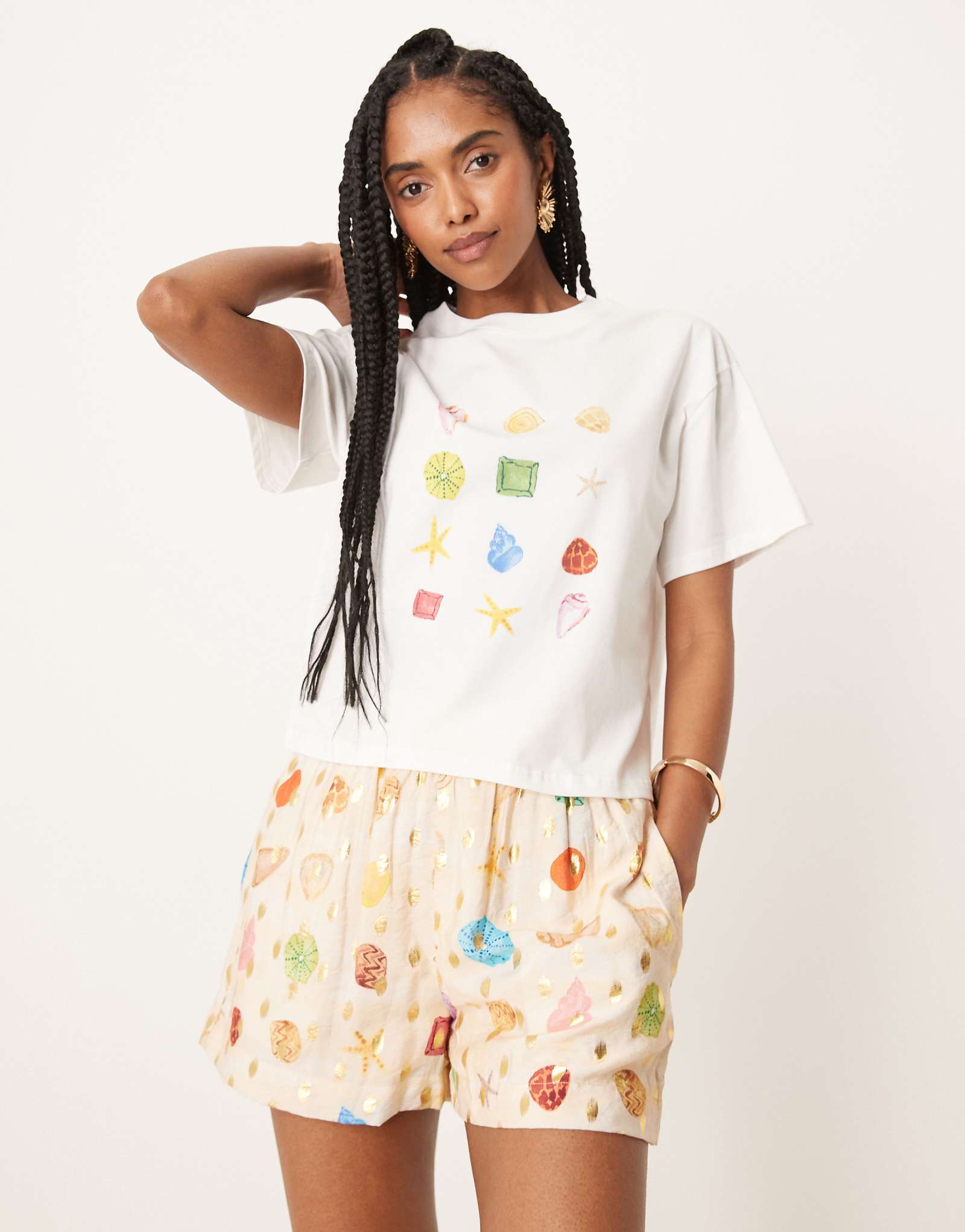 Never Fully Dressed multi-color shell print shorts in cream - part of a set