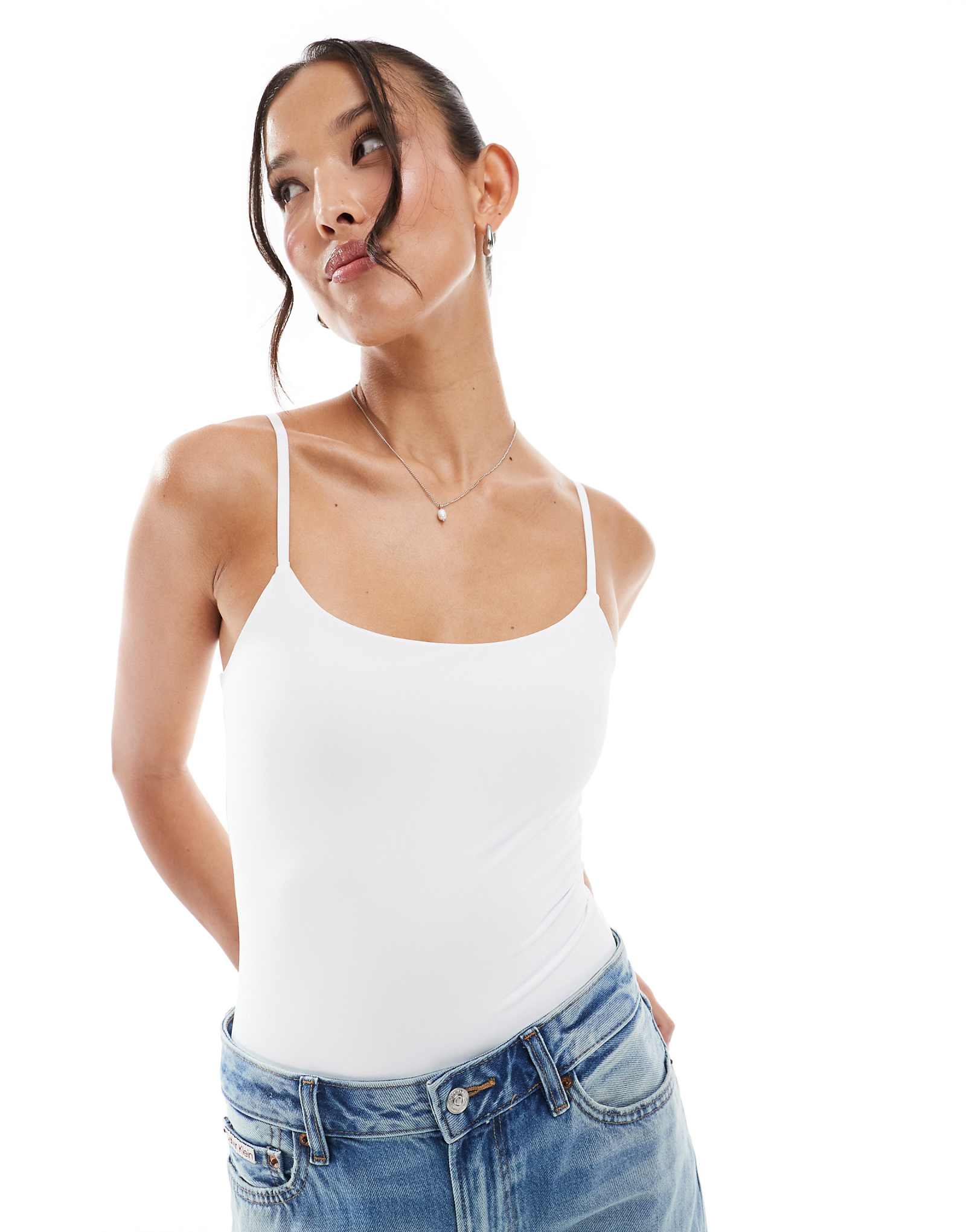 Pull-Bear polyamide sculpt strappy bodysuit in white