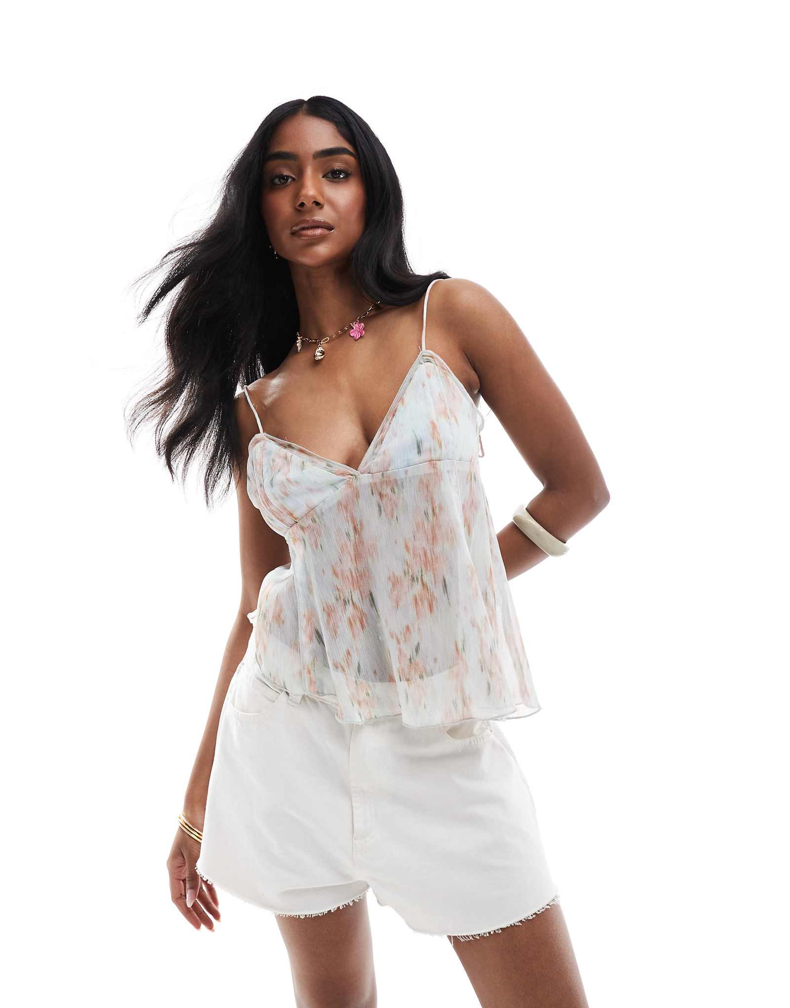 Pull-Bear asymmetric hem cami in blurred floral print