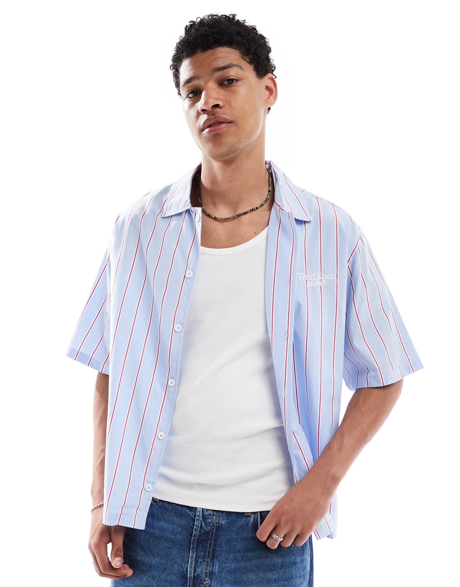 Bershka boxy striped West Coast shirt in light blue 7090₽