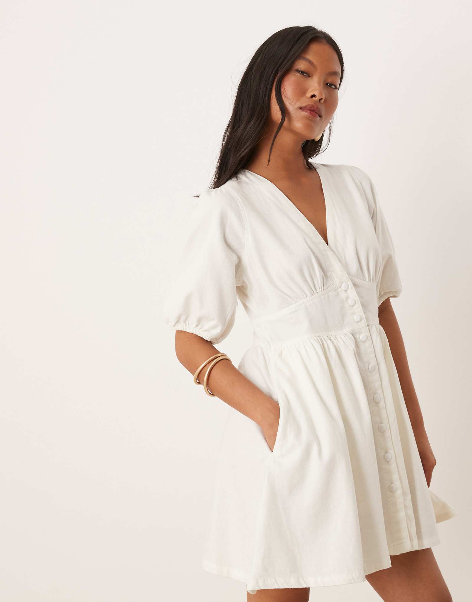 Nobody's Child Petite Starlight puff sleeve mini dress in white denim