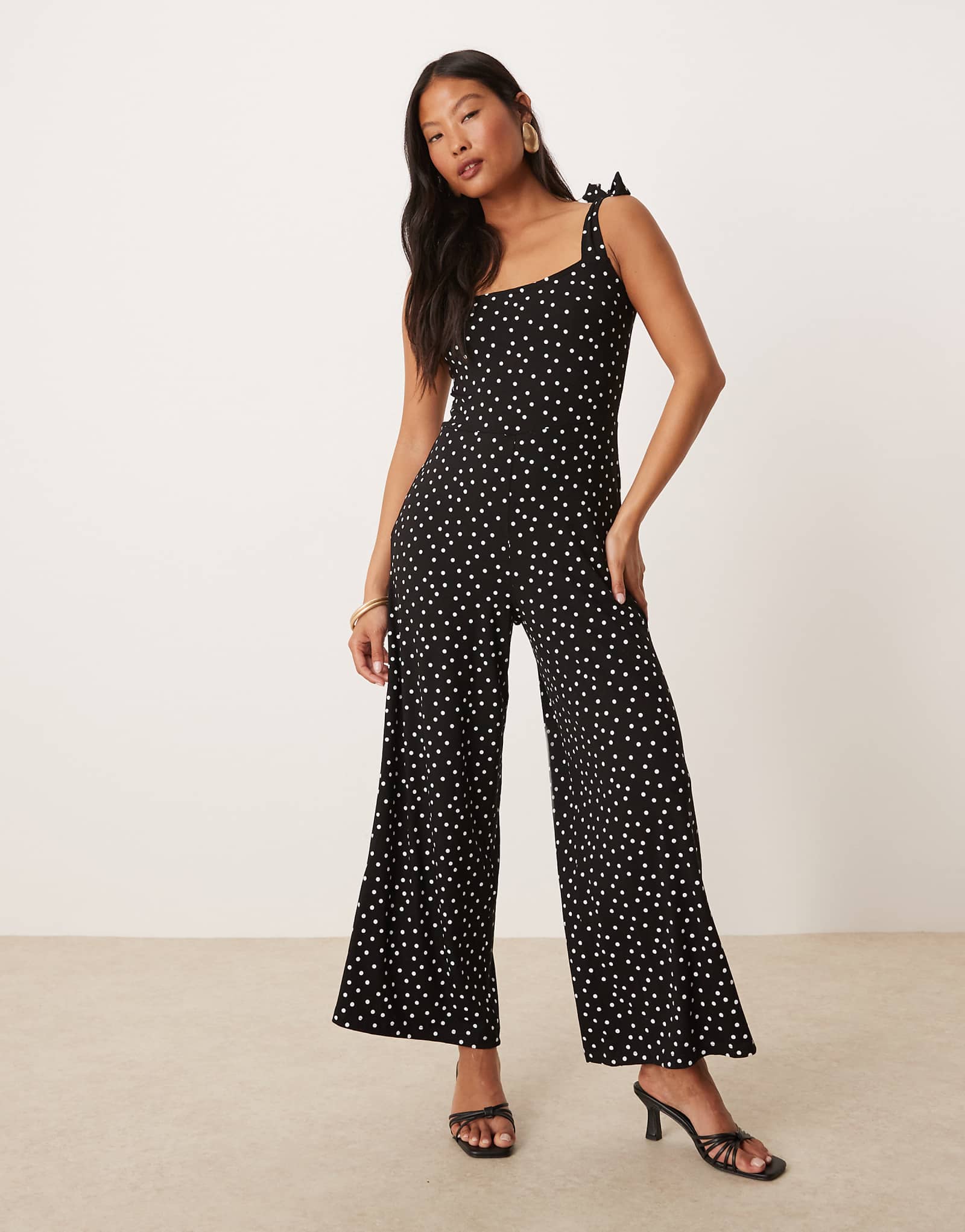 Nobody's Child Petite Adrian tie shoulders wide leg jumpsuit in black polka dot