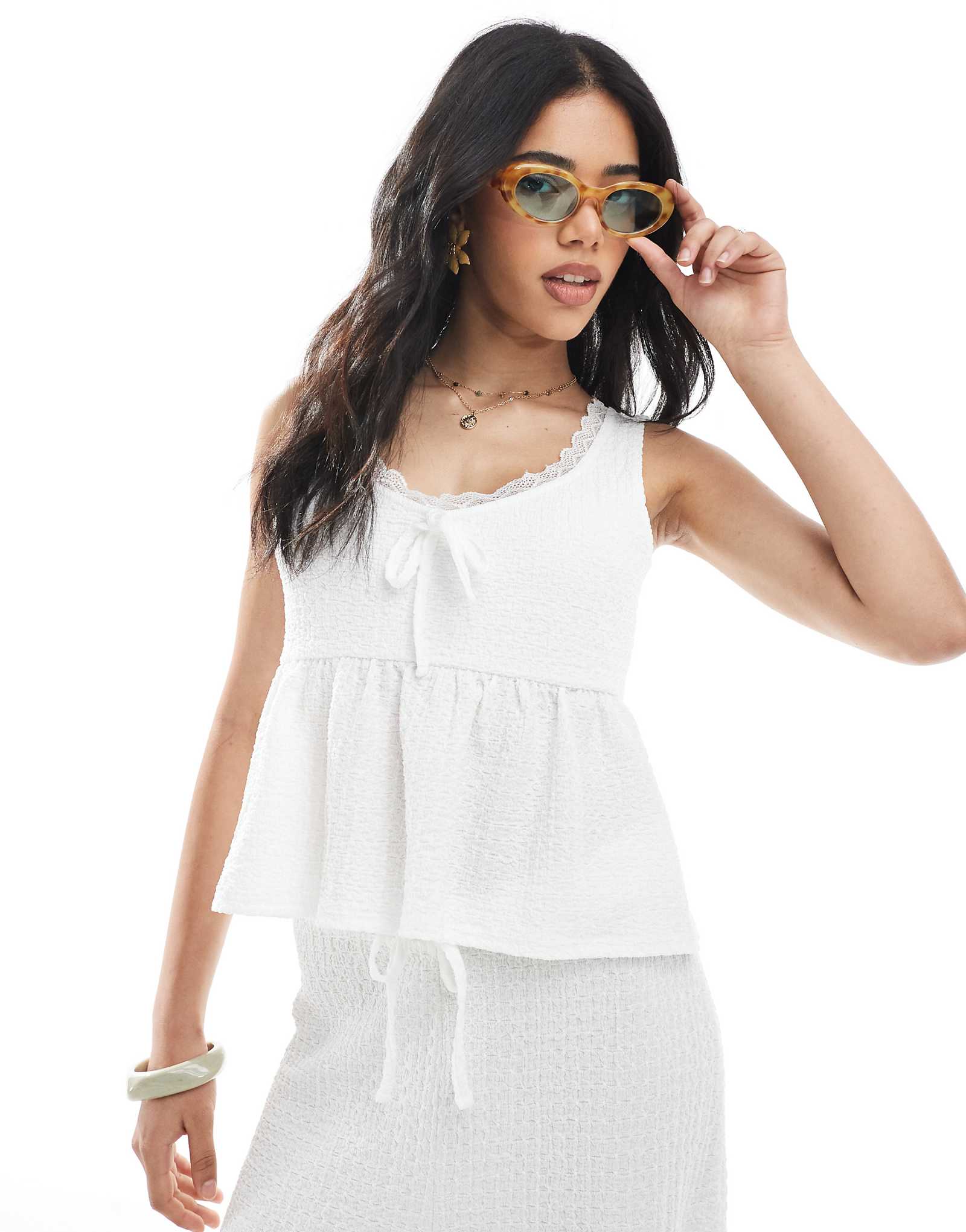 Miss Selfridge textured lace trim milkmaid top in ecru - part of a set