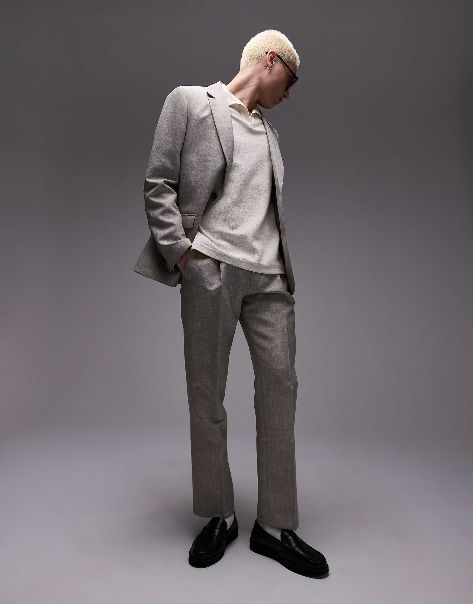 Topman straight textured suit pants in stone