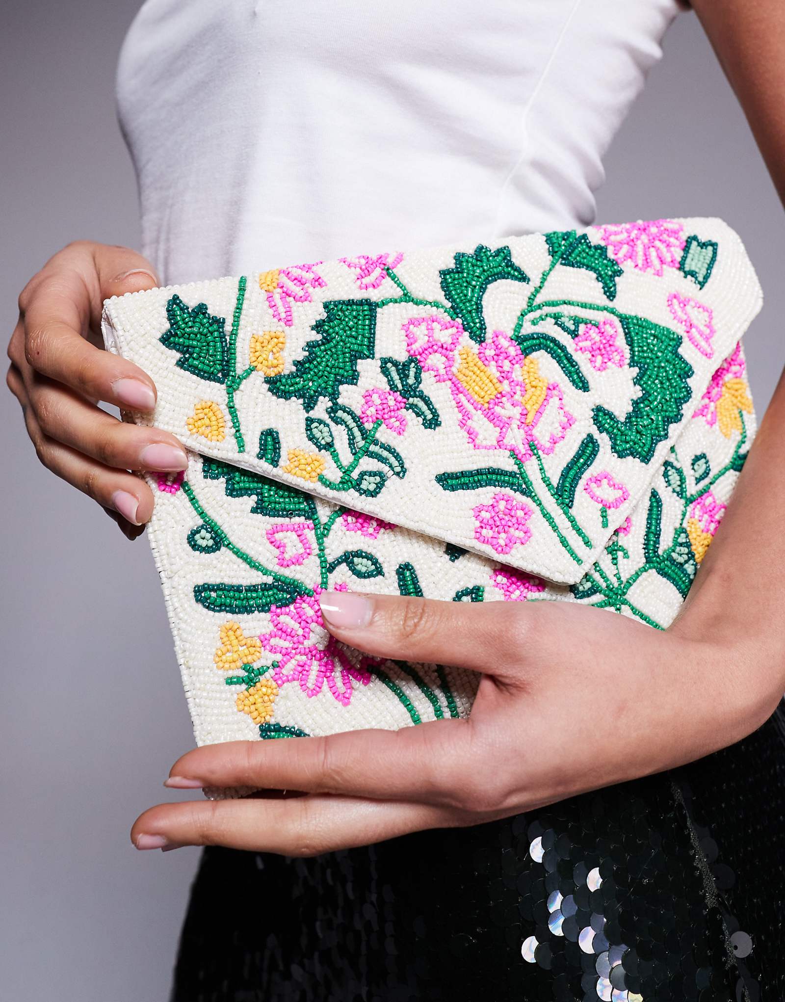 True Decadence flower beaded envelope clutch bag in multi