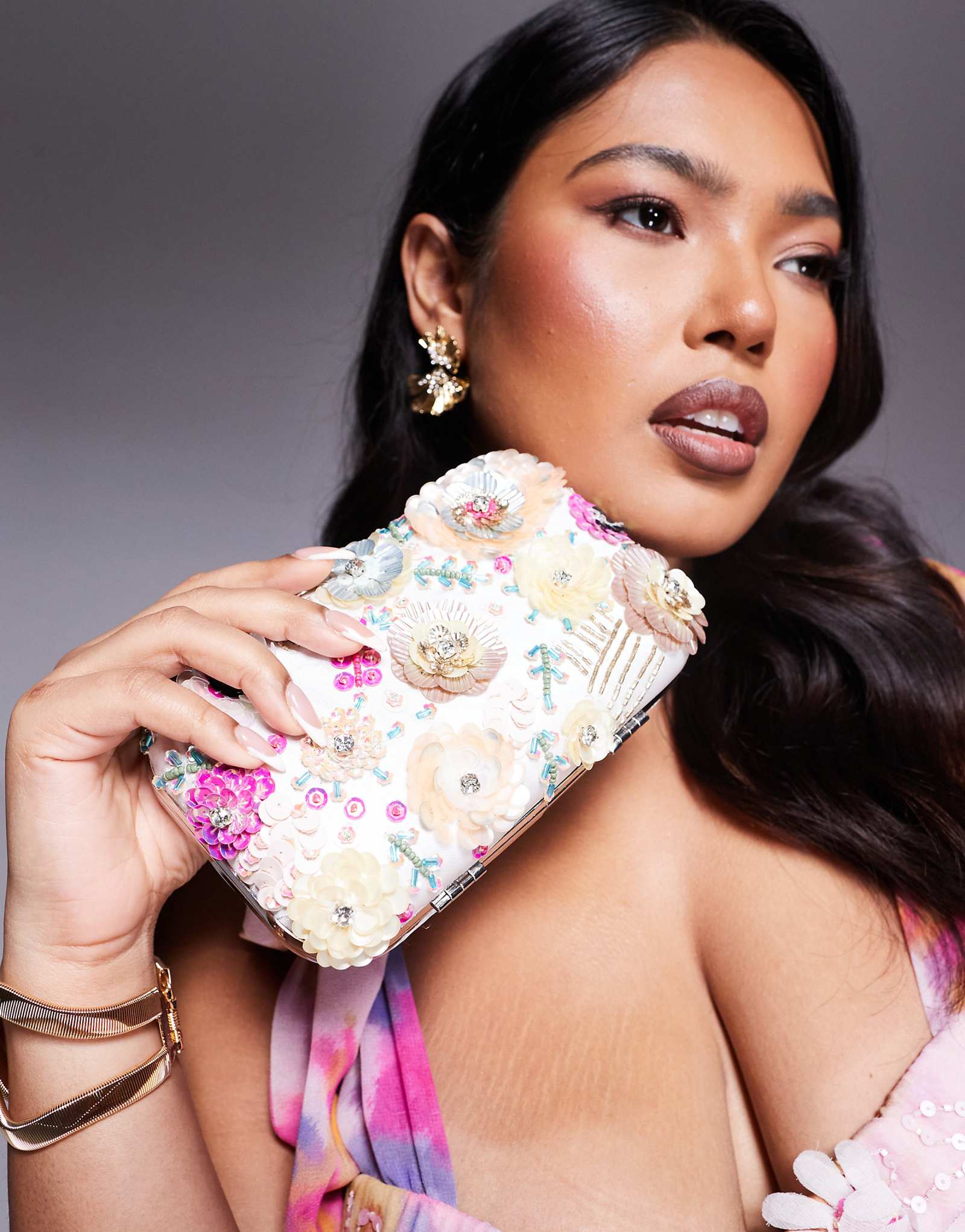 True Decadence flower embellished hard clutch bag in multi