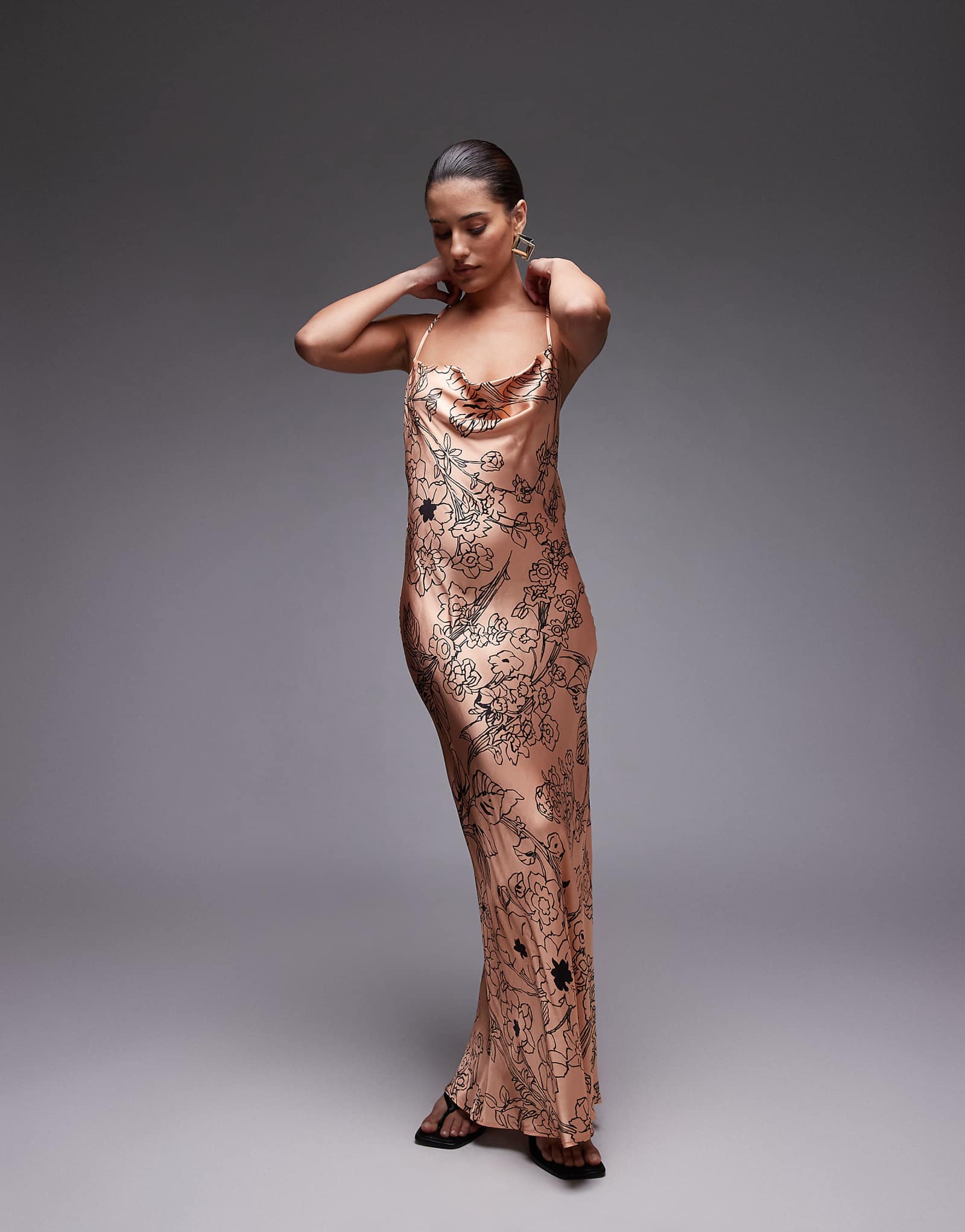 Topshop cowl maxi slip dress in winding black floral