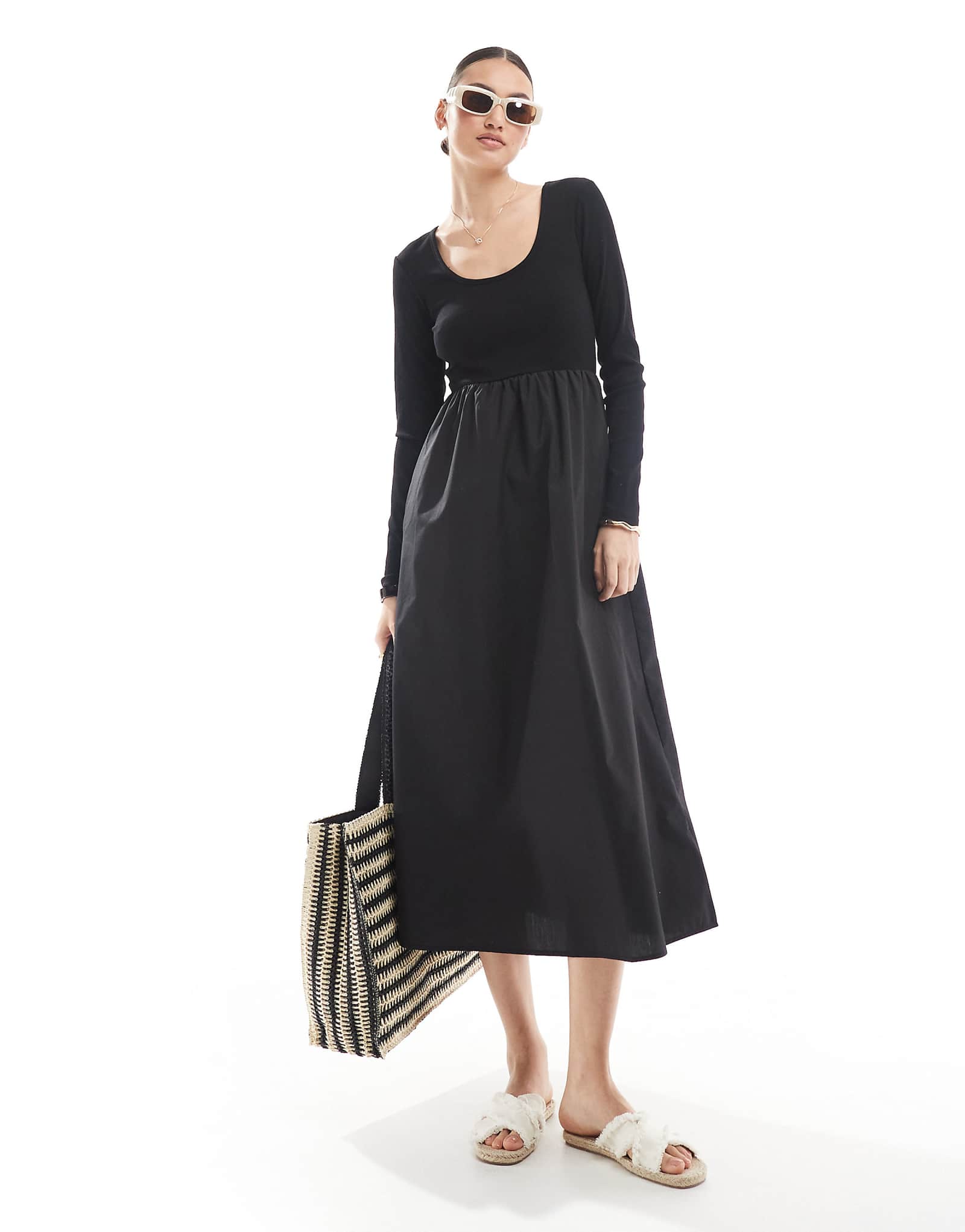 Threadbare long sleeve jersey poplin mix midi dress in black 5790₽