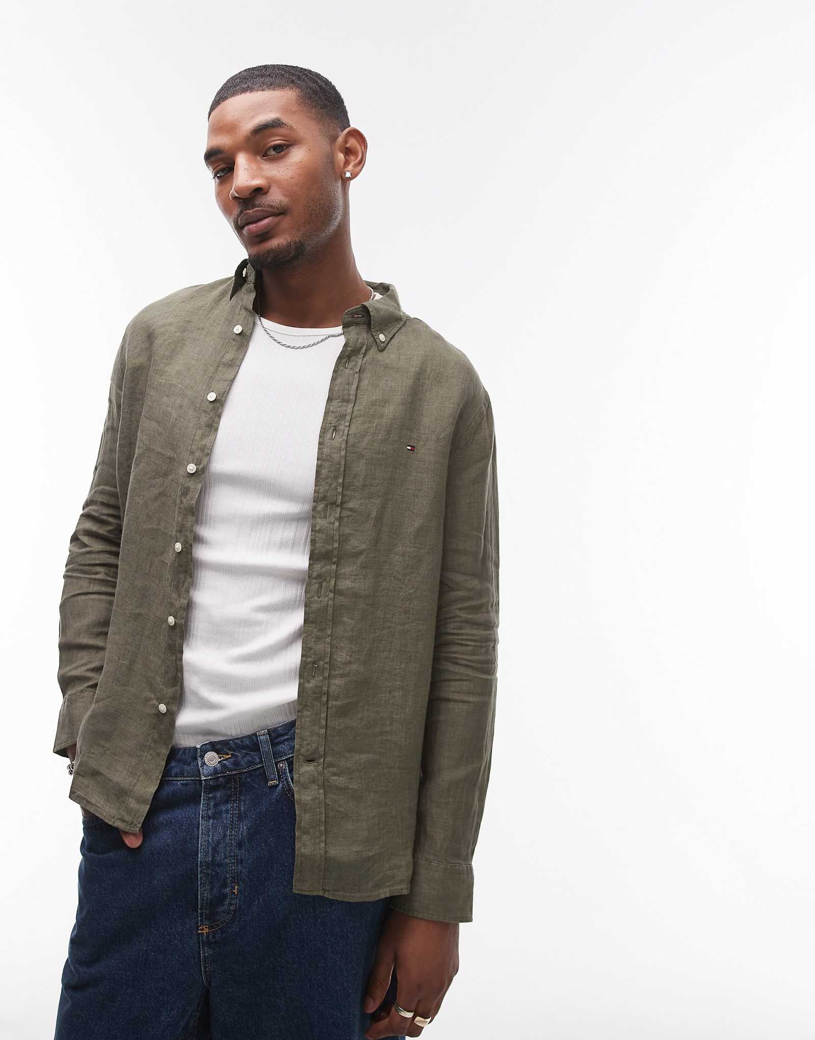 Tommy Hilfiger linen shirt in olive green 15690₽