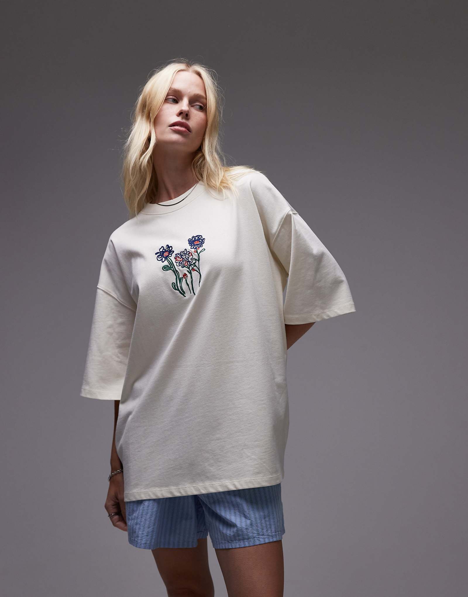 Topshop embroidered floral oversized tee in ecru