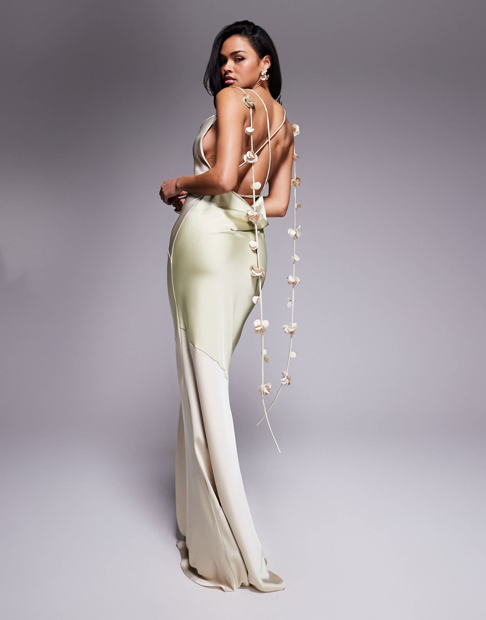 Wanderdoll Aria satin cowl neck draped flower detail cross back maxi dress in sage and cream 31890₽