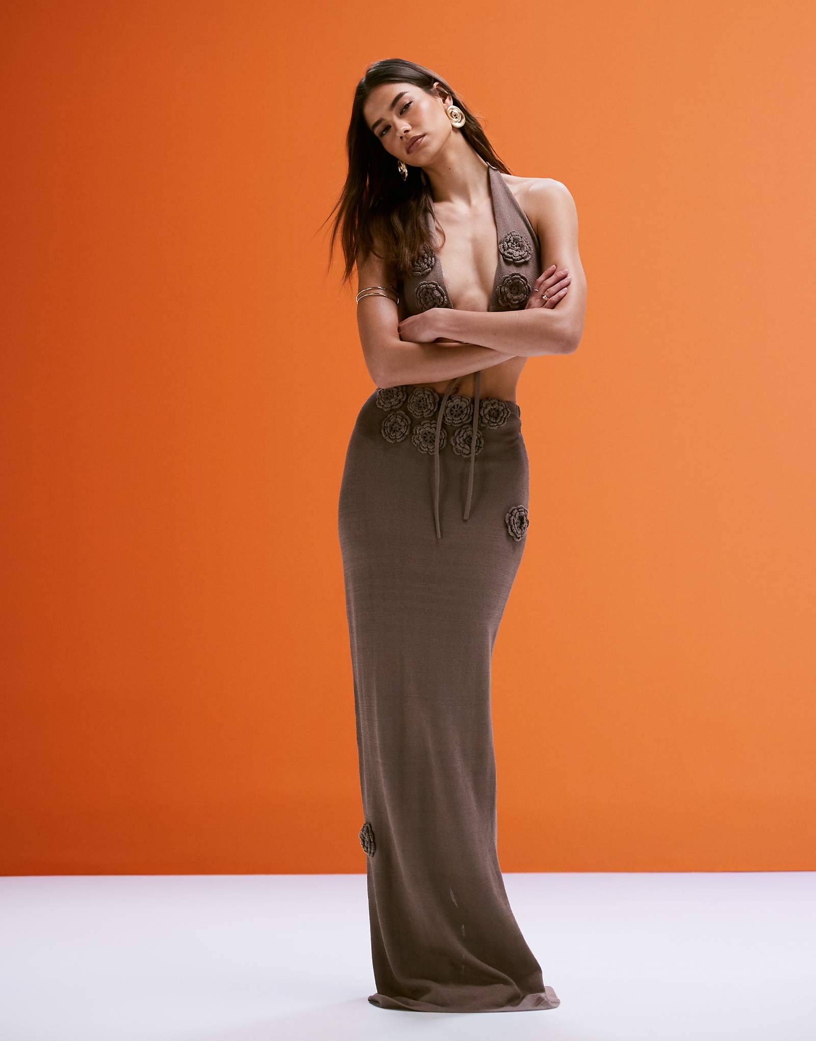 Wanderdoll Daisy knit corsage detail maxi skirt in warm beige - part of a set