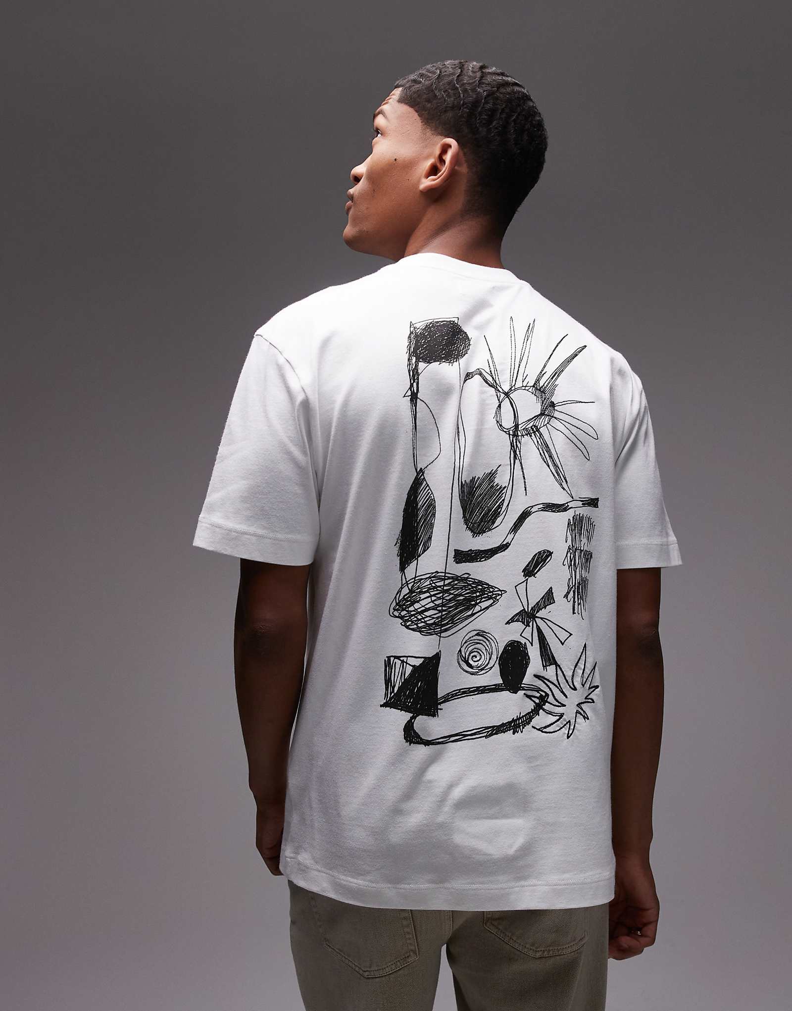 Topman premium oversized fit T-shirt with front and back abstract scribble raised print and applique in white 8190₽