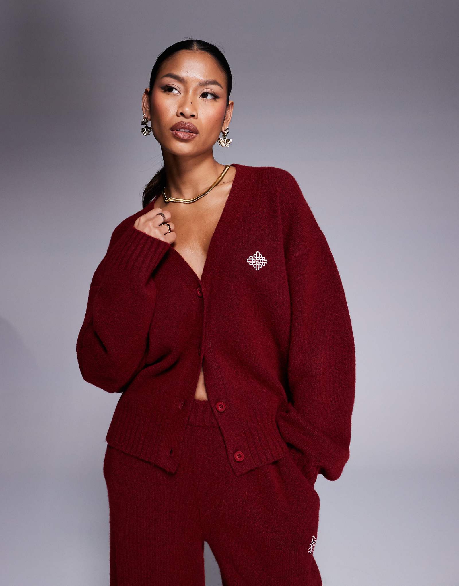 The Couture Club oversized fluffy knit cardigan in burgundy - part of a set