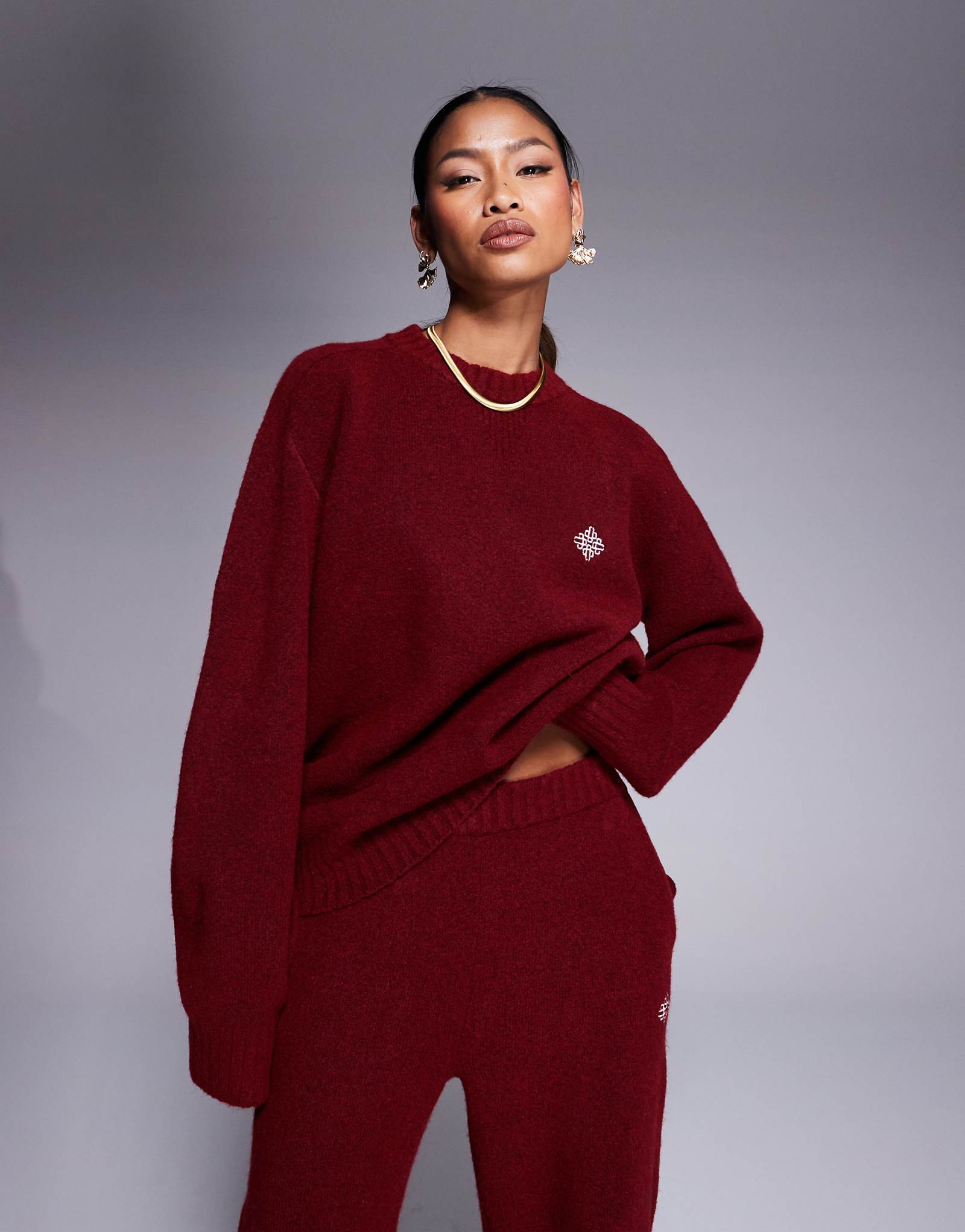 The Couture Club oversized fluffy knit sweater in burgundy - part of a set