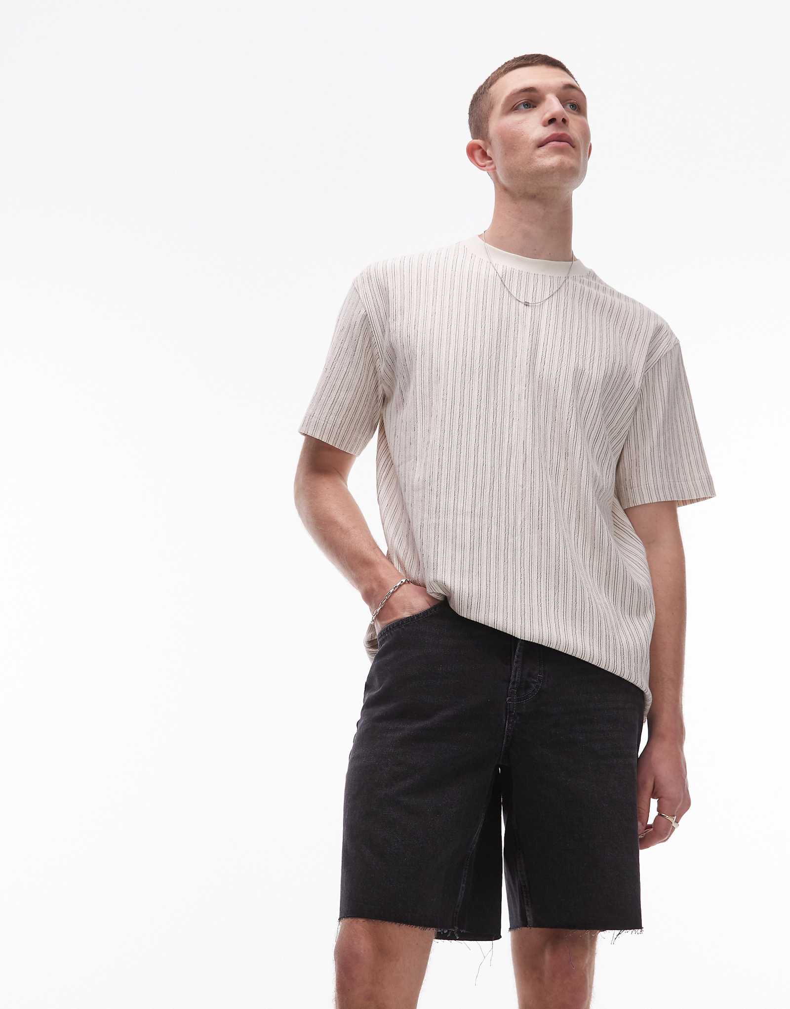 Topman denim straight leg shorts with raw hem in washed black