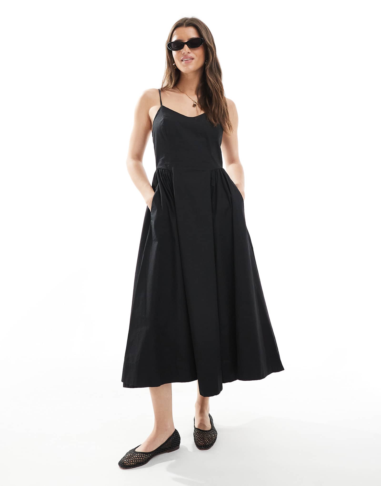 Threadbare V-neck cotton rich midi dress with drop waist in black 6990₽