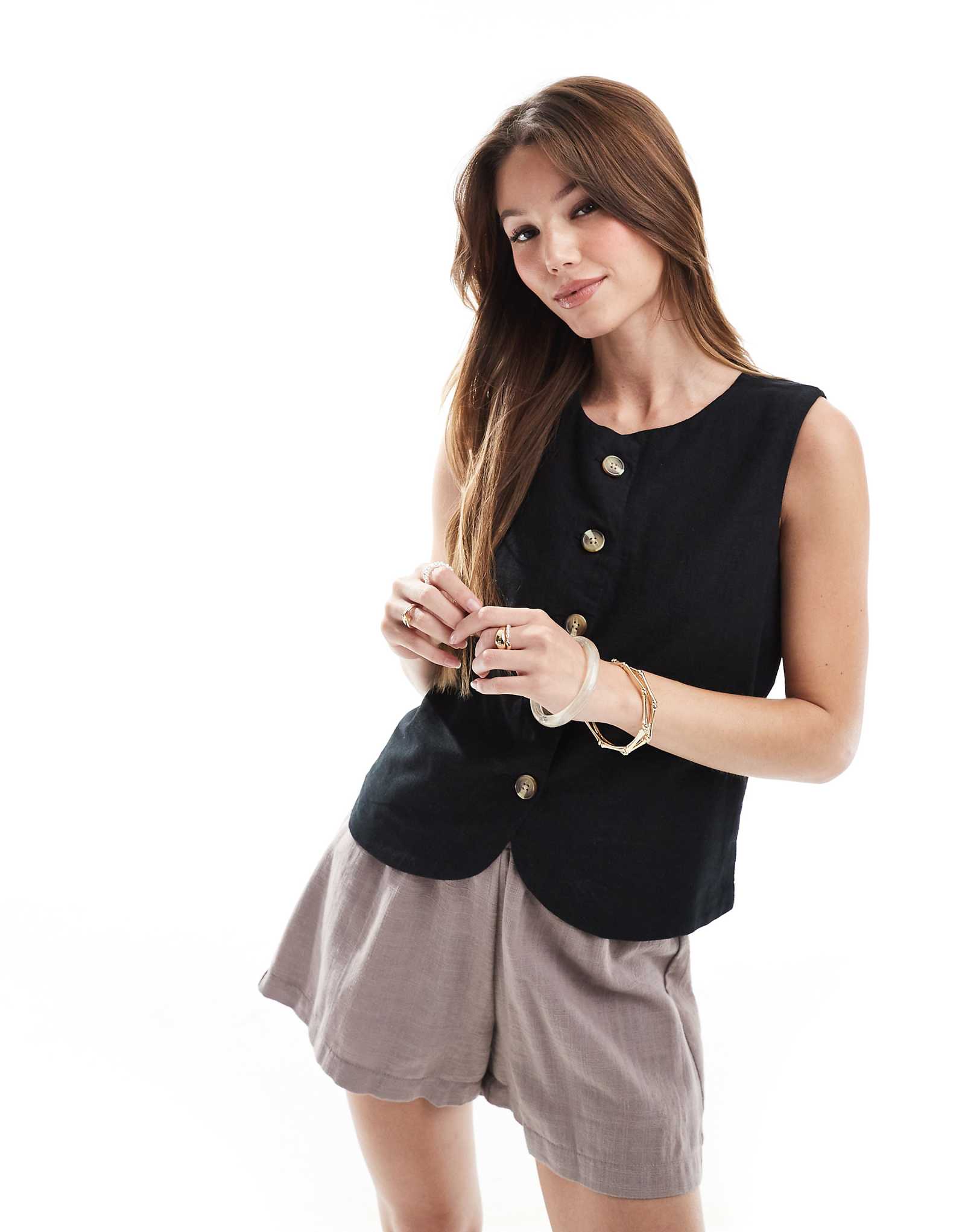 Threadbare linen blend high neck button down vest in black 6590₽