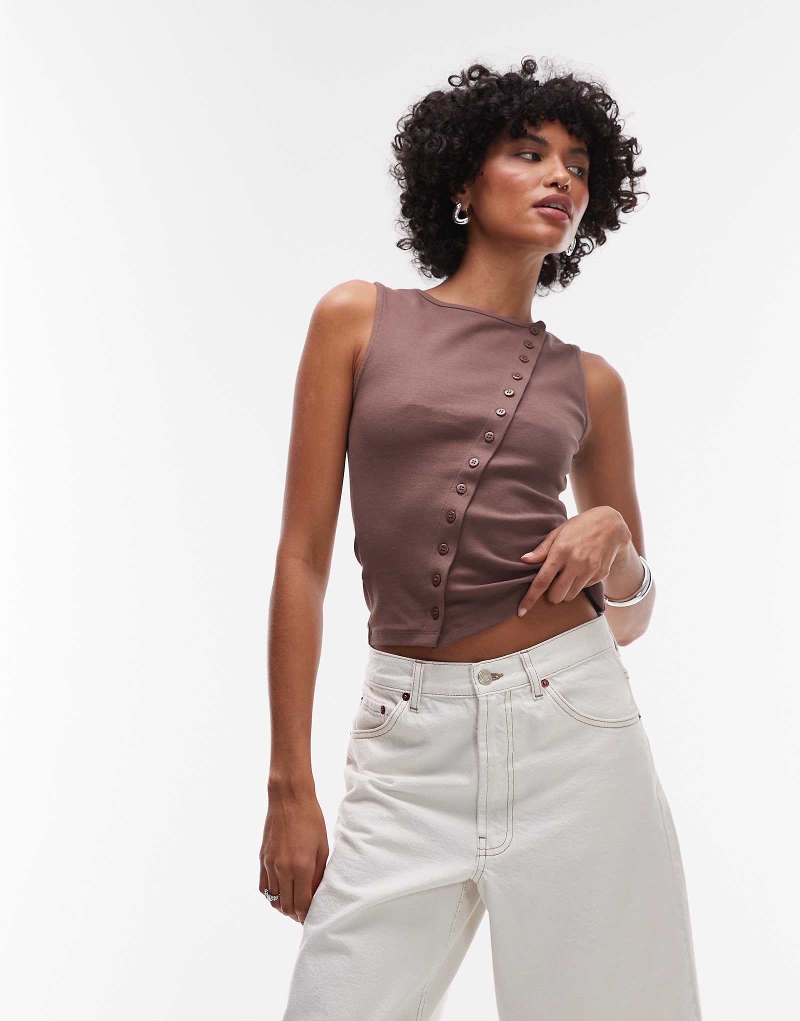 Topshop asymmetric button up tank top in chocolate brown