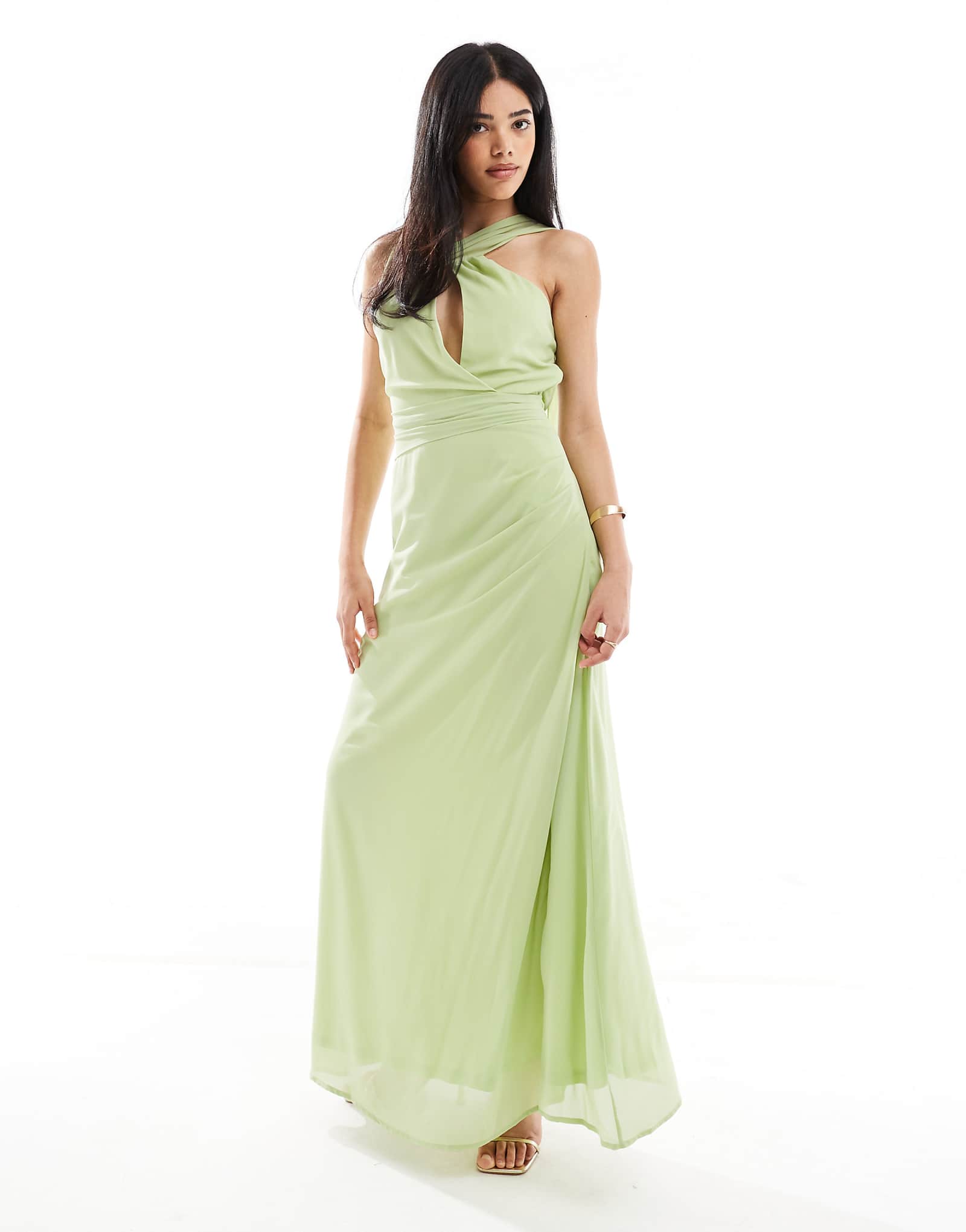TFNC asymmetric maxi dress with drape scarf detail in lime