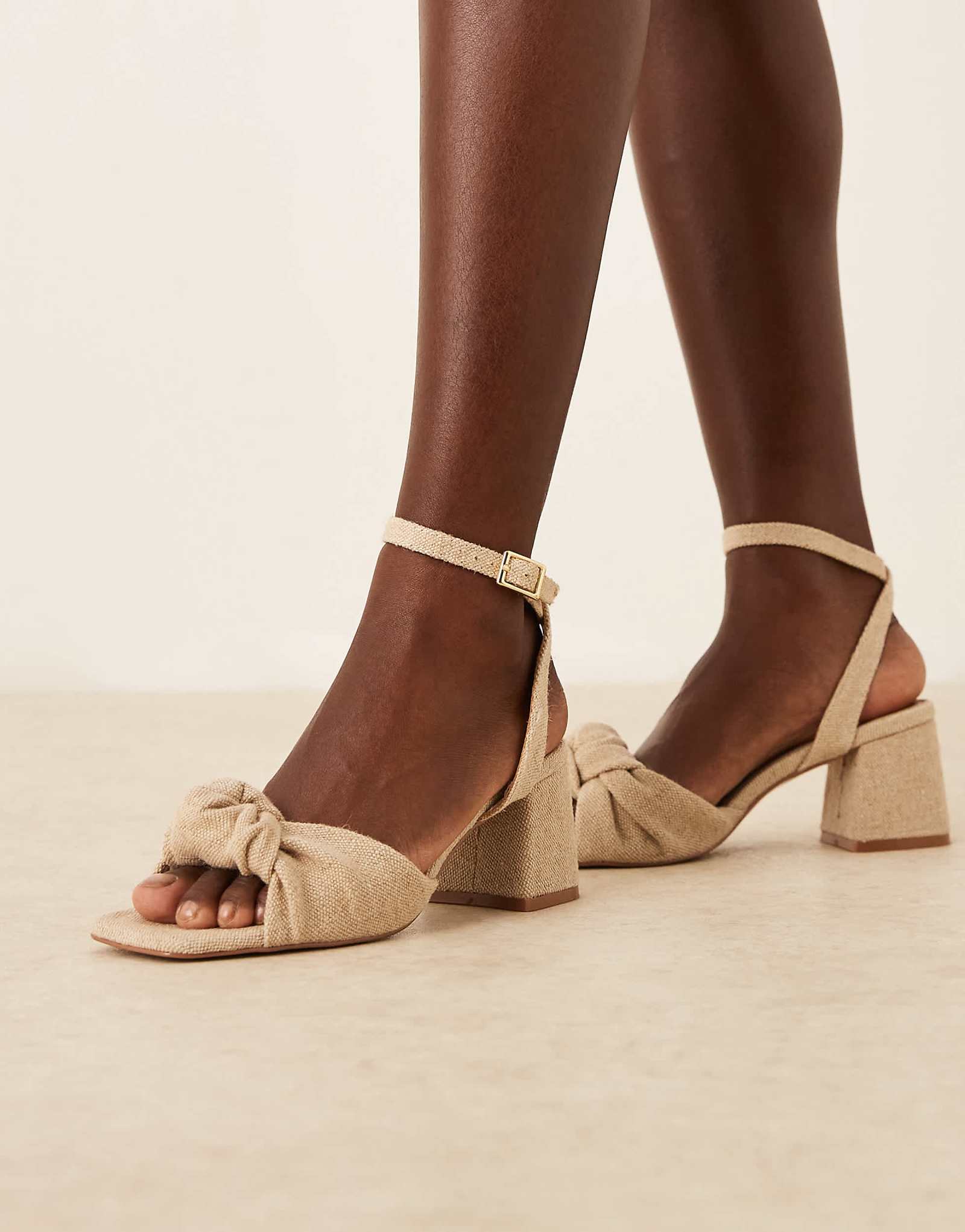 ASOS DESIGN Wide Fit Hansel knotted mid heeled sandals in natural fabrication