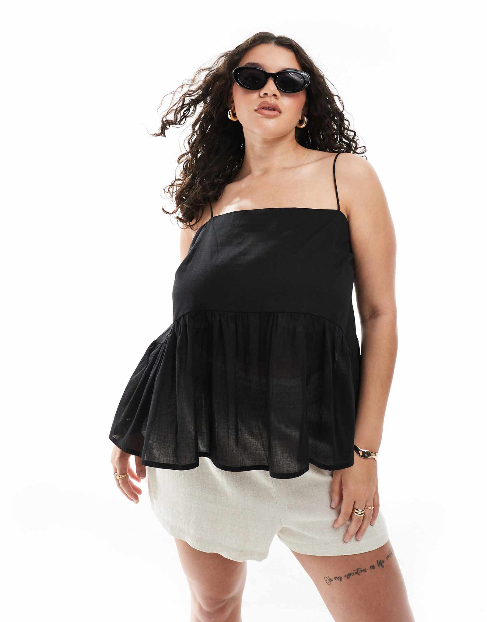 ASOS DESIGN Curve cami top with volume peplum and tie straps in black 4090₽