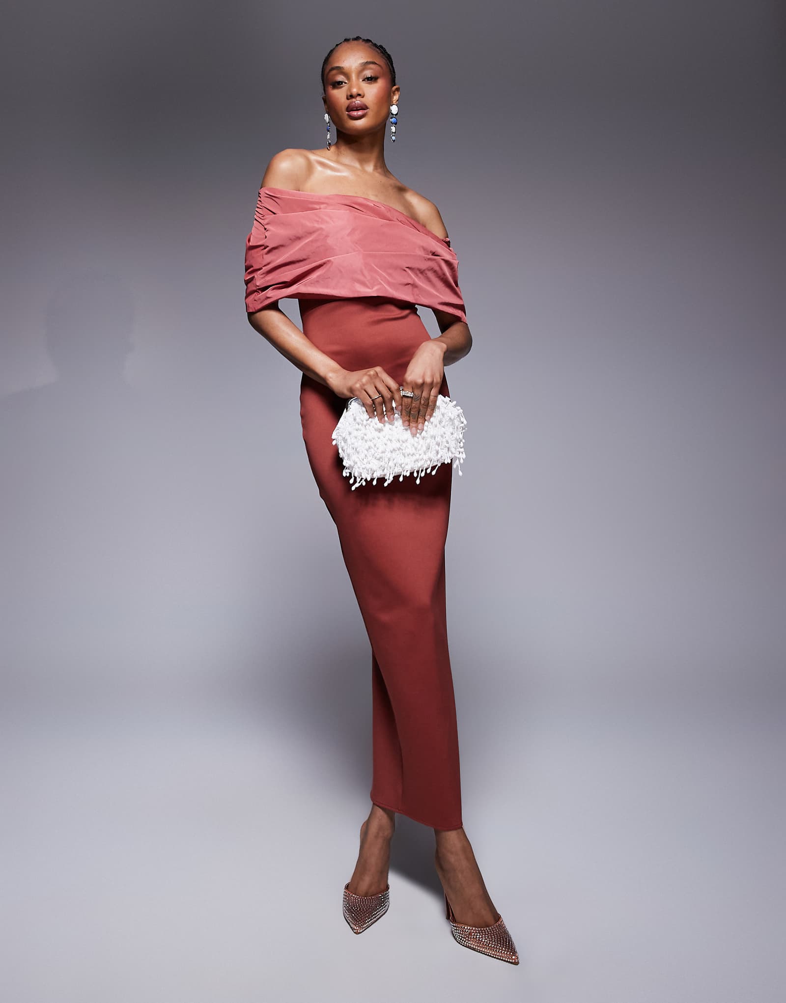 ASOS DESIGN Tall off the shoulder manipulated taffeta bodice detail midi dress in red 6090₽