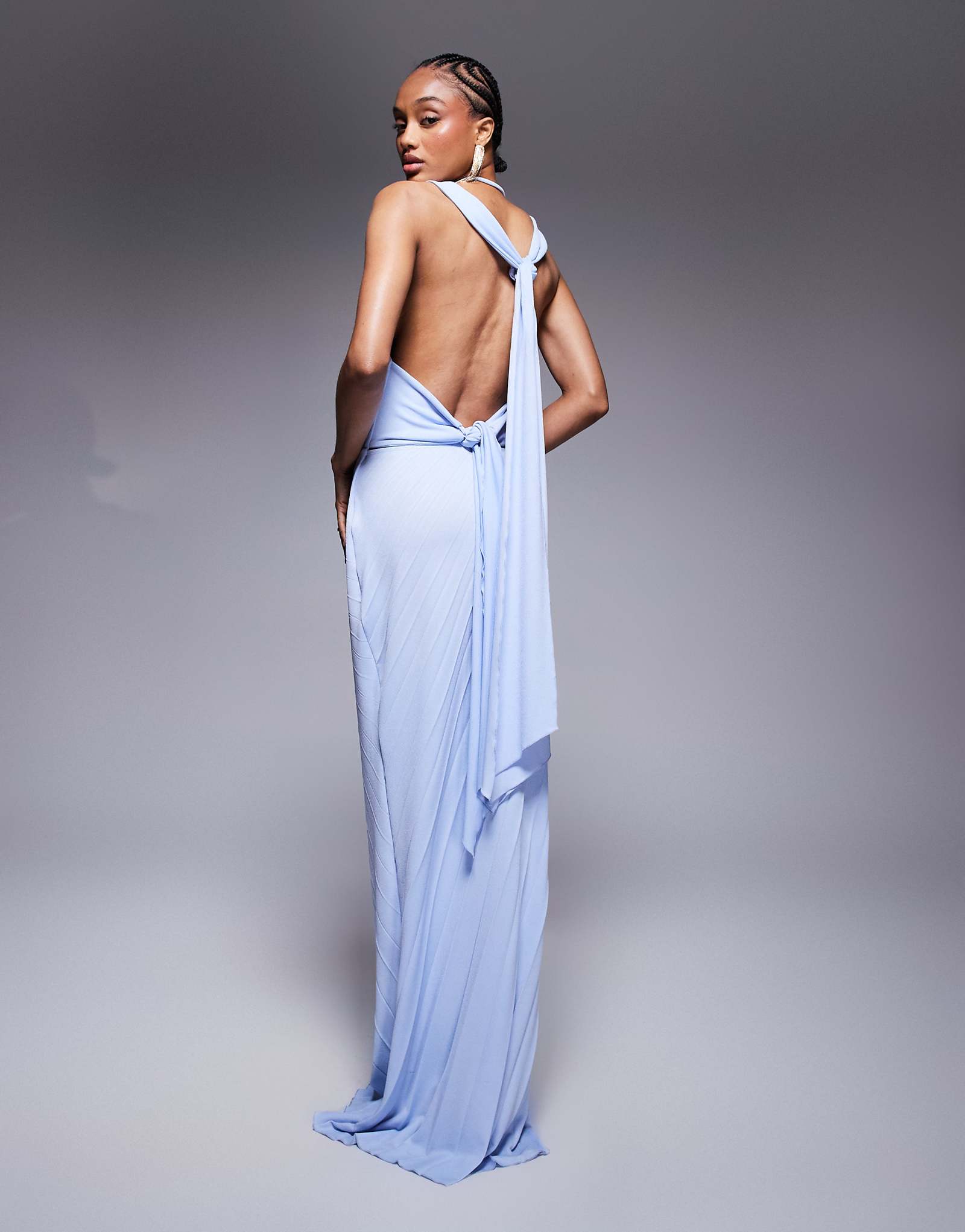 ASOS DESIGN Tall pleated slash neck maxi dress with knotted back detail in light blue