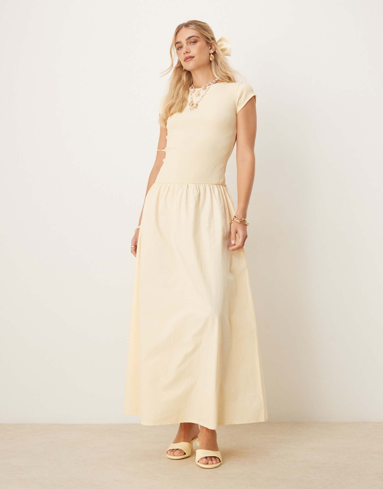 ASOS DESIGN texture poplin mix dropped hem cap sleeve maxi dress in buttermilk 9790₽