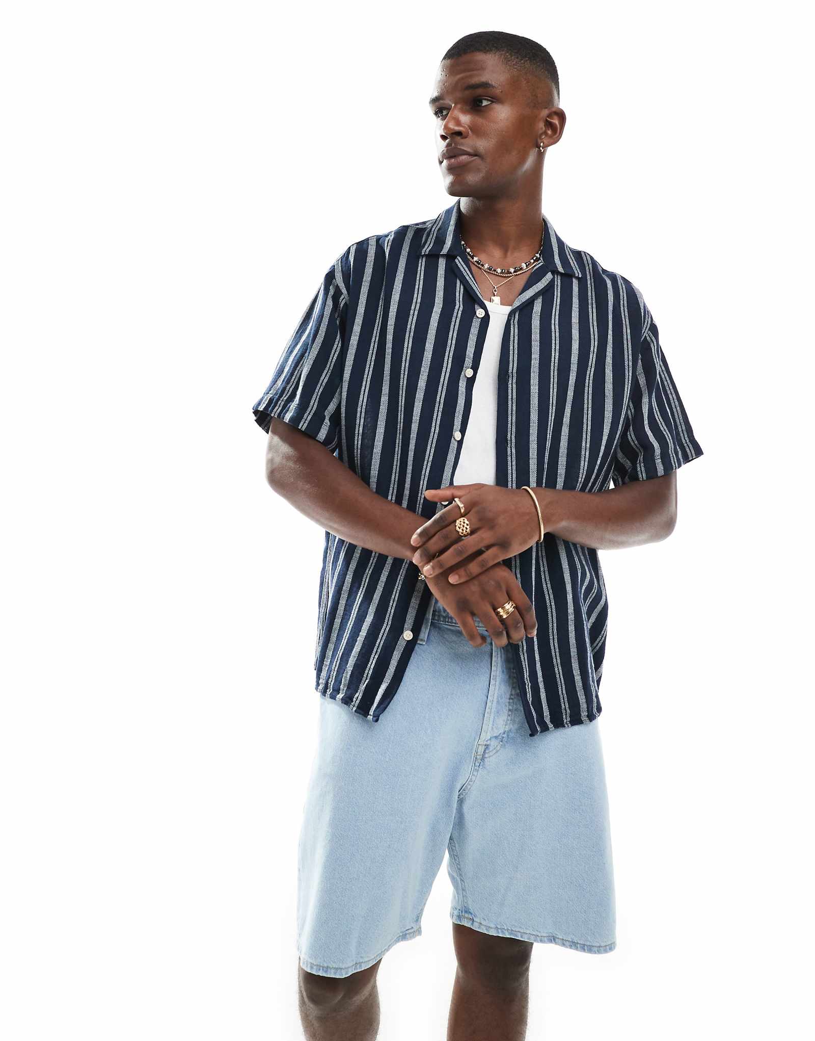 Jack - Jones revere collar textured stripe short sleeve shirt in navy 10190₽