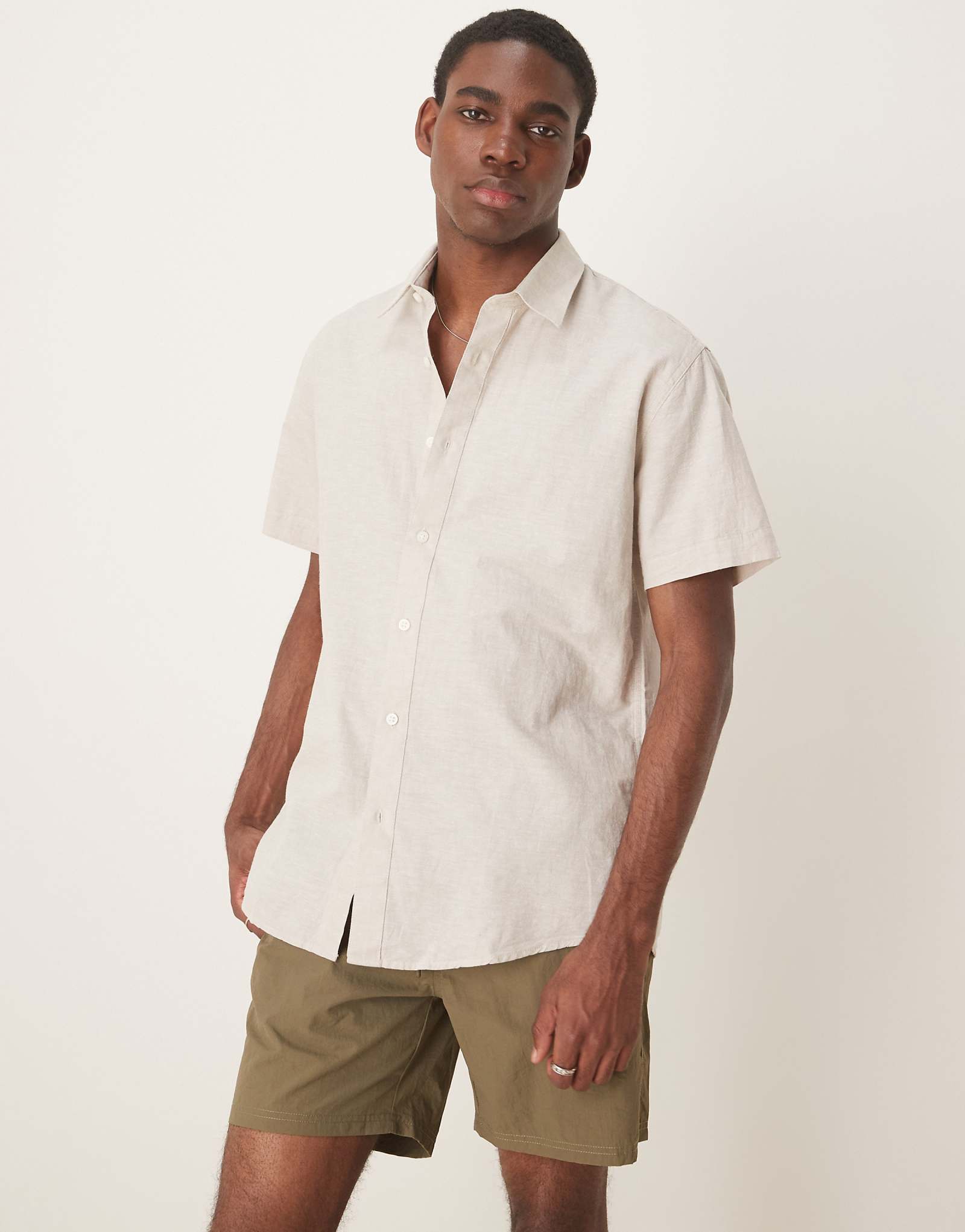 Selected Homme long sleeve stand collar linen blend shirt in cream 10390₽