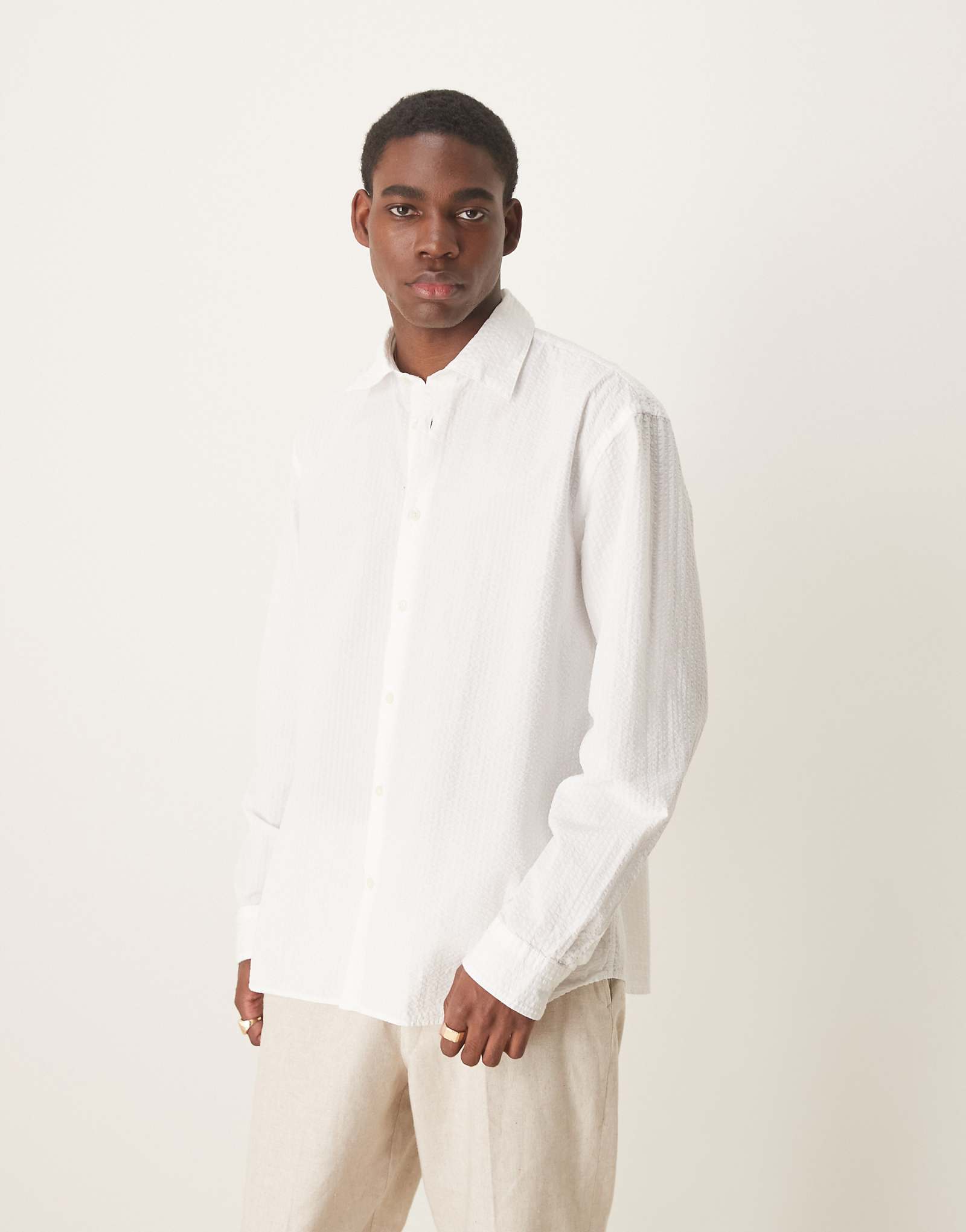 Selected Homme long sleeve seersucker shirt in white 11890₽