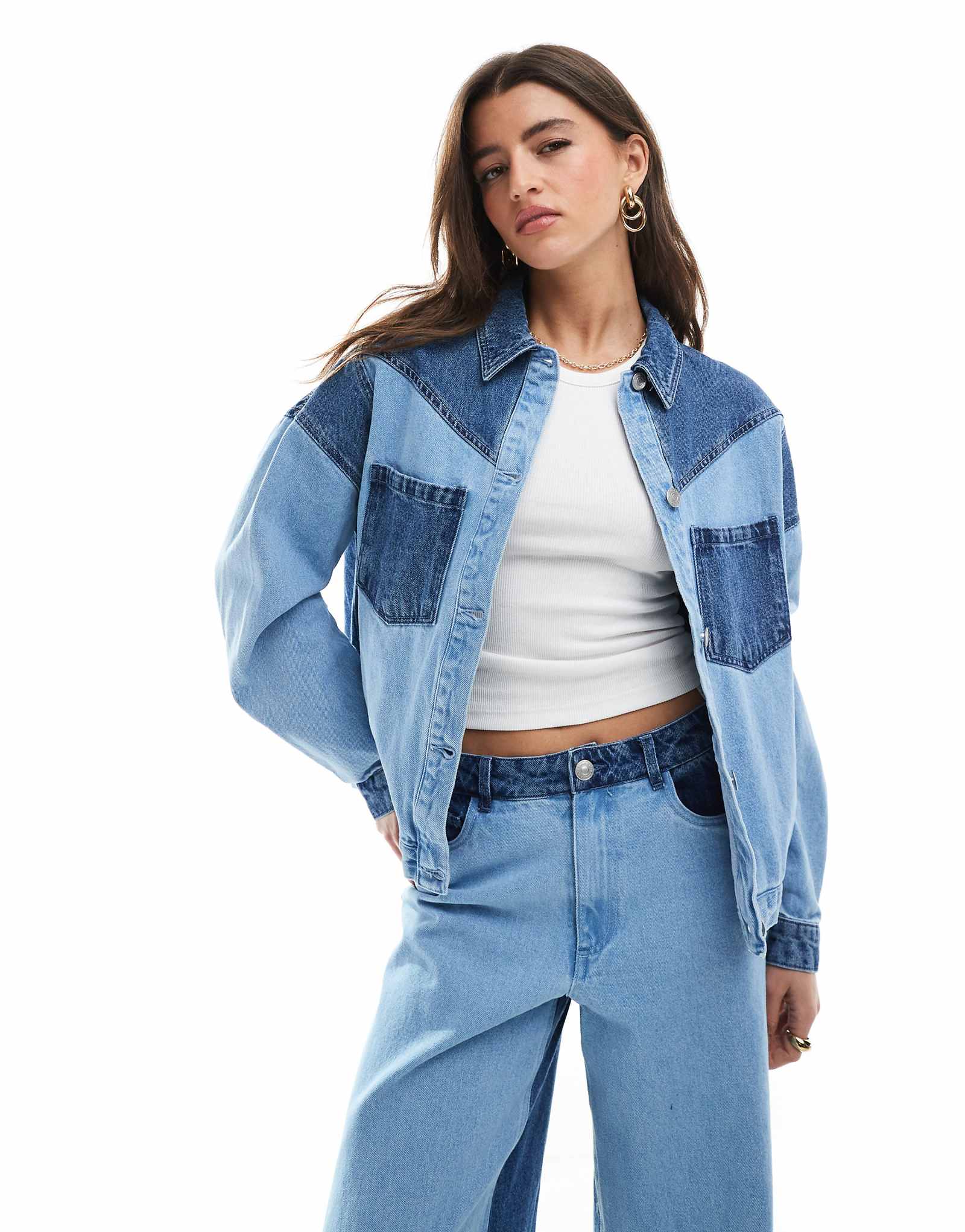 Pieces oversized western denim jacket in light blue wash - part of a set