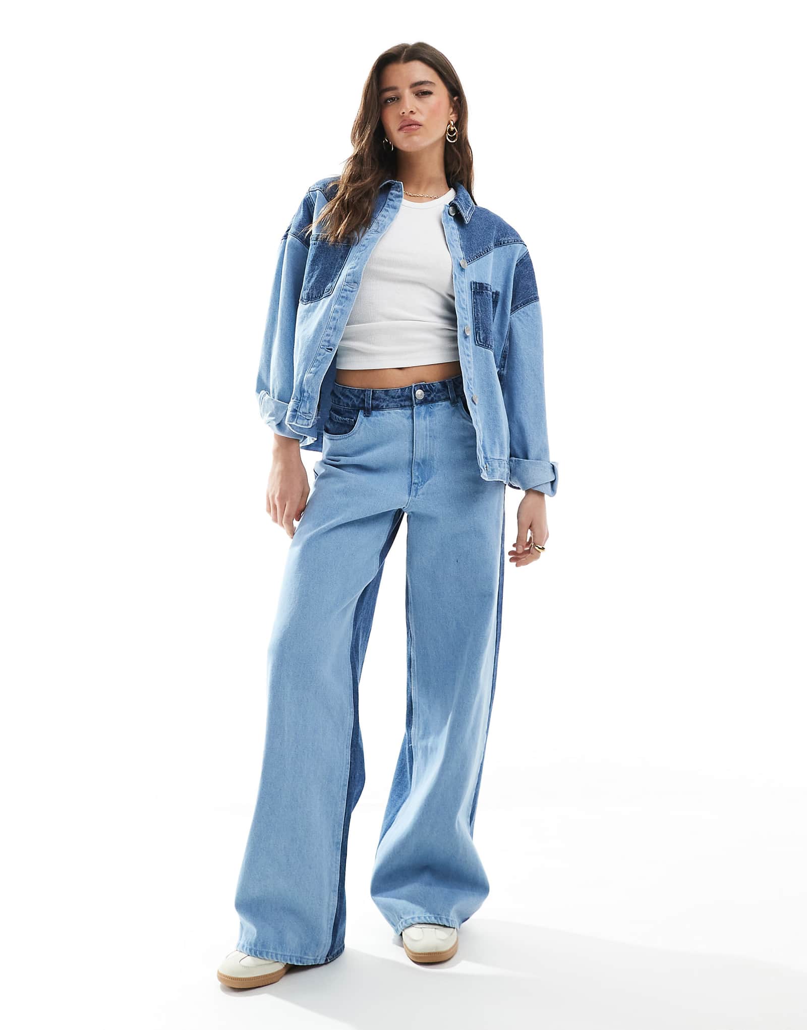 Pieces wide leg western detail jeans in light blue wash - part of a set
