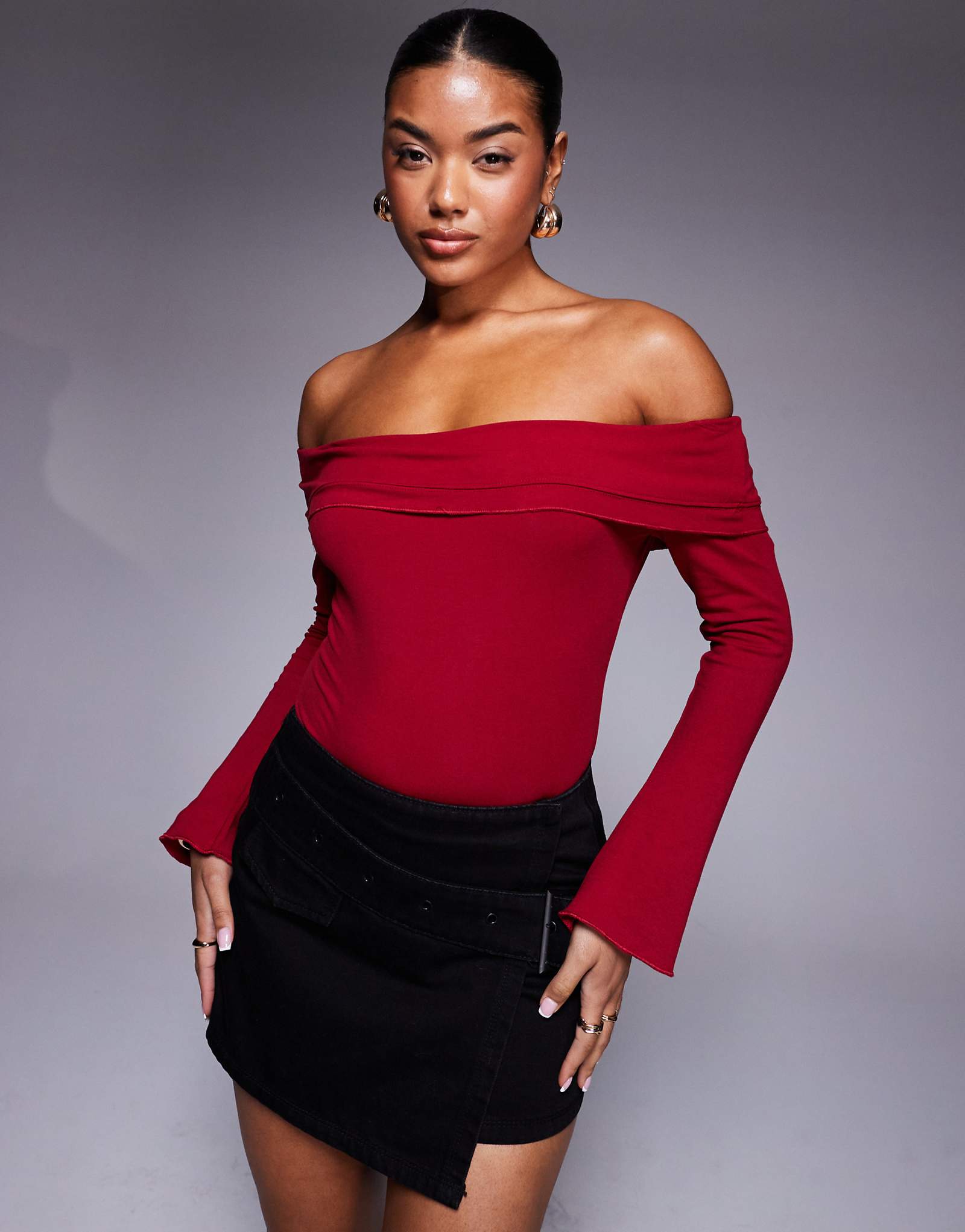 Princess Polly fold detail bardot long sleeve bodysuit in burgundy