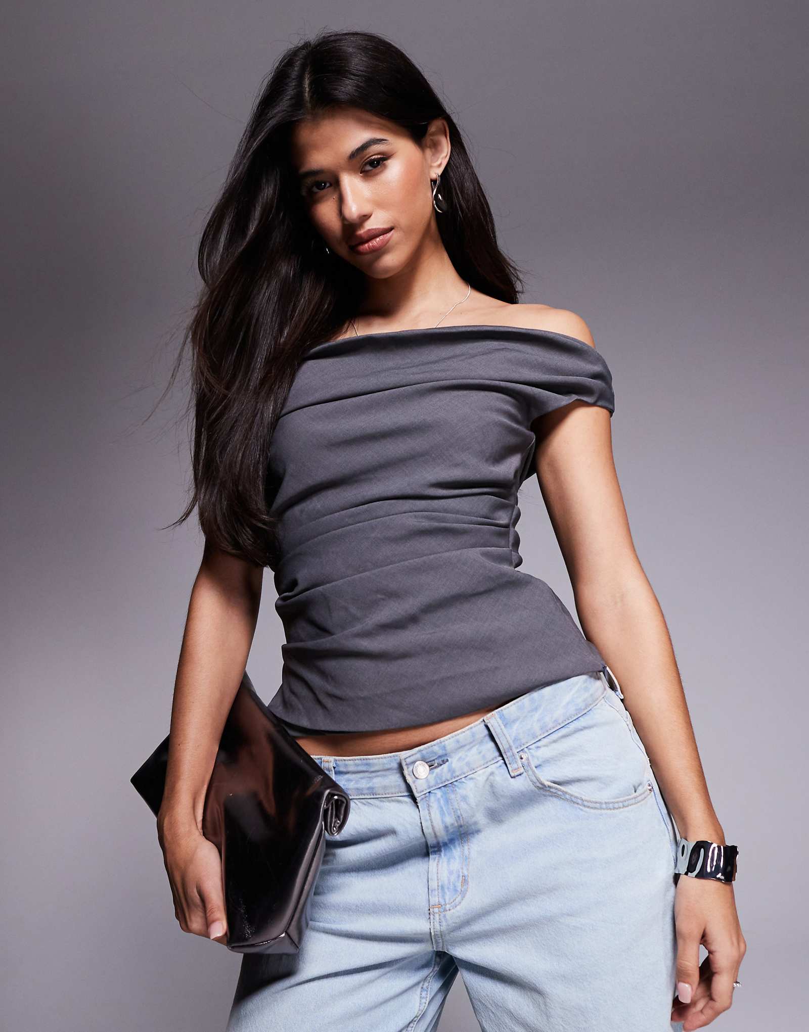 Princess Polly ruched drape detail off the shoulder top in charcoal